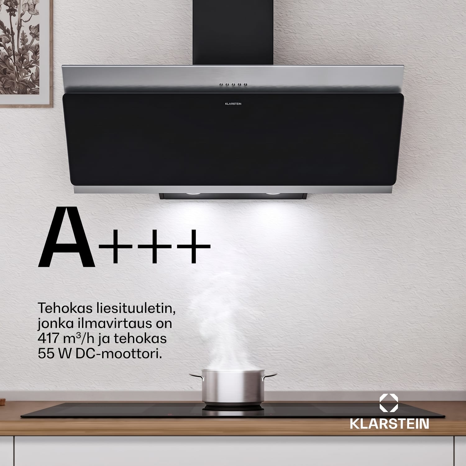 Alessia seinäkupu | Poisto- ja kiertoilmatoiminto | Ruostumaton teräs | 417 m³/h | 90 cm 90 cm