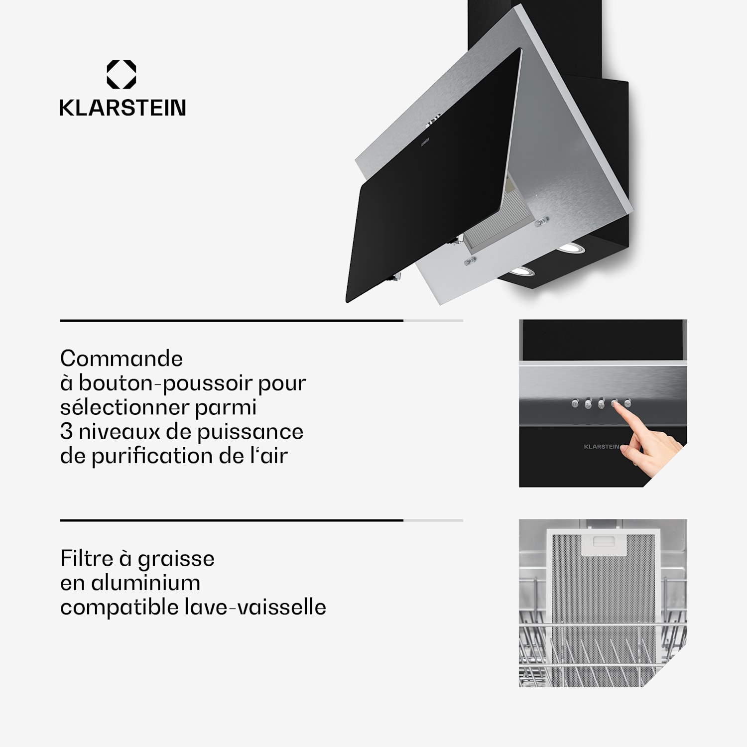 Alessia hotte inclinée | mode extraction et recyclage | acier inoxydable | 404 m³/h | 90 cm 90 cm | Acier Inoxydable