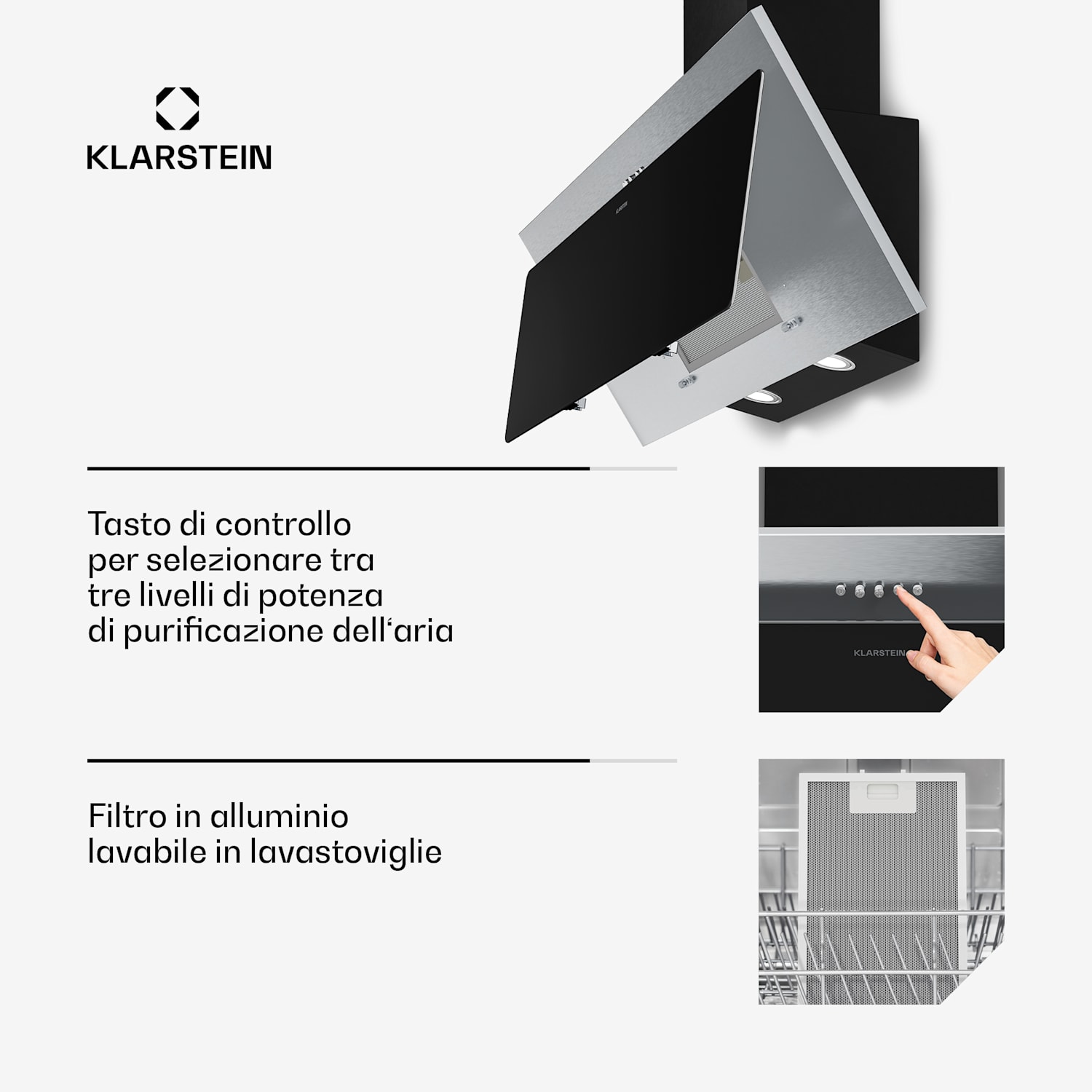 Alessia - Cappa a isola | Modalità di ricircolo e scarico | Acciaio inox | 404 m³/ora | 90 cm 90 cm | Acciaio inox