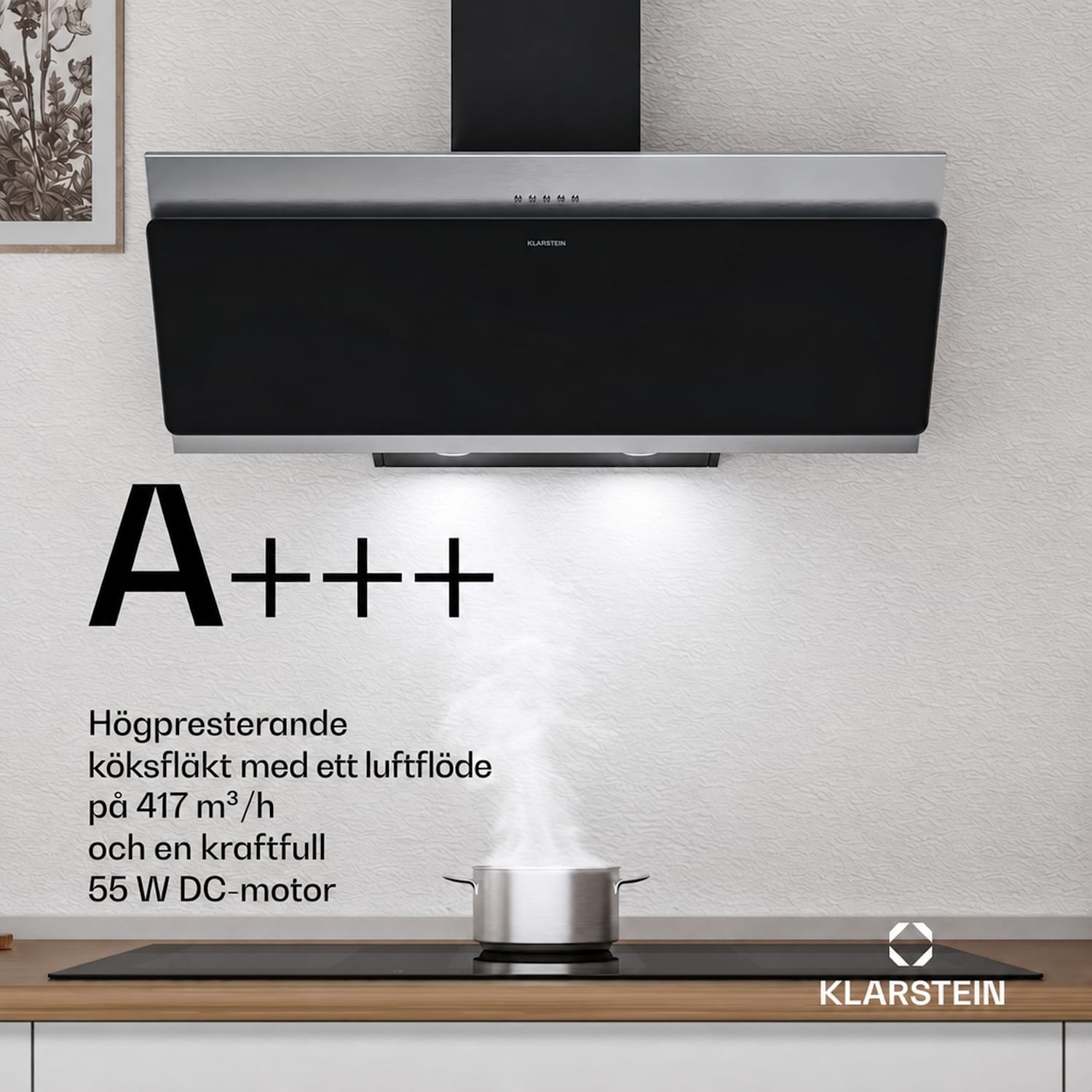 Alessia frihängande fläkt | Avgaskanal och recirkulation | Rostfritt stål | 417 m³/h | 90 cm 90 cm