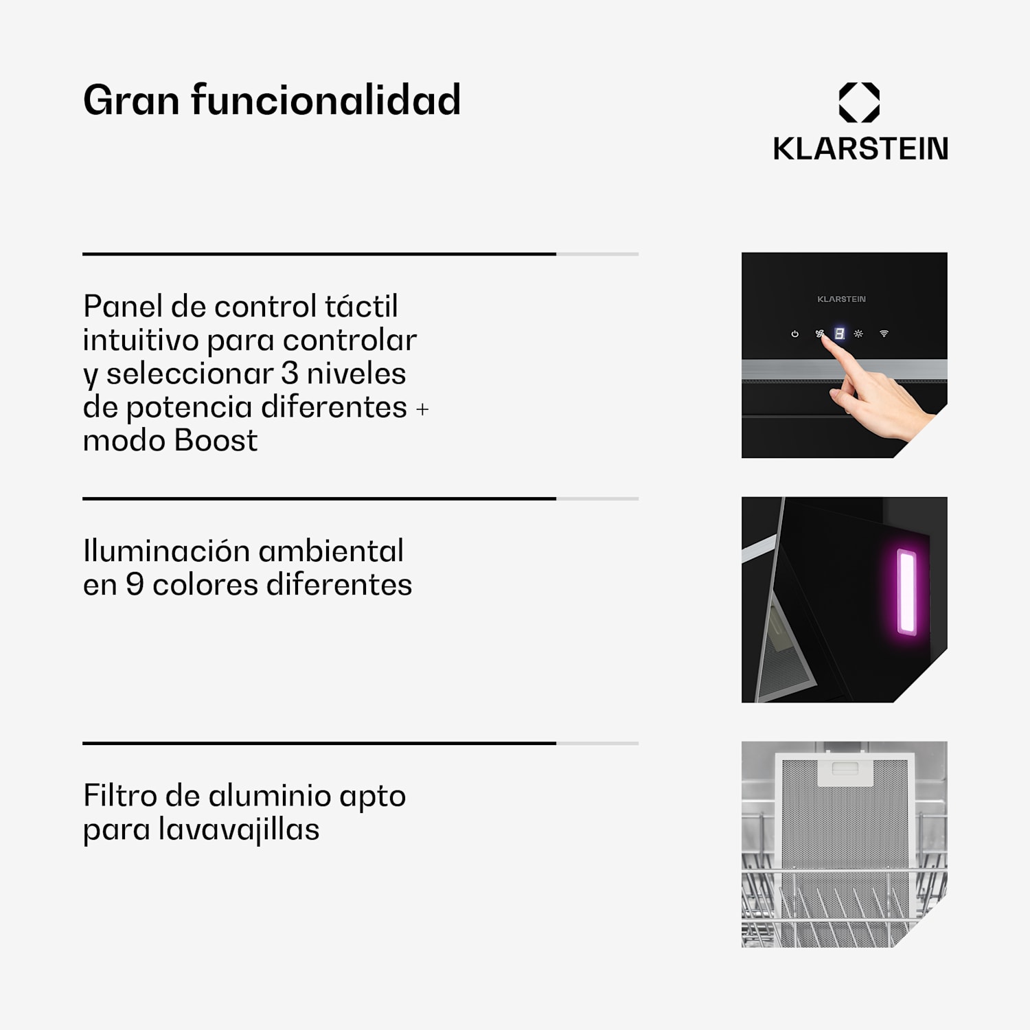 BigBite campana extractora sin cabeza | modo extracción y recirculación | vidrio de seguridad | 417 m³/h | 60 cm 60 cm | Negro