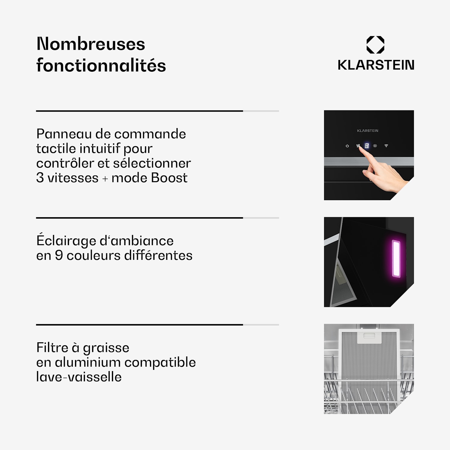 BigBite hotte inclinée | mode extraction et recyclage | verre de sécurité | 417 m³/h | 60 cm 60 cm | Noir