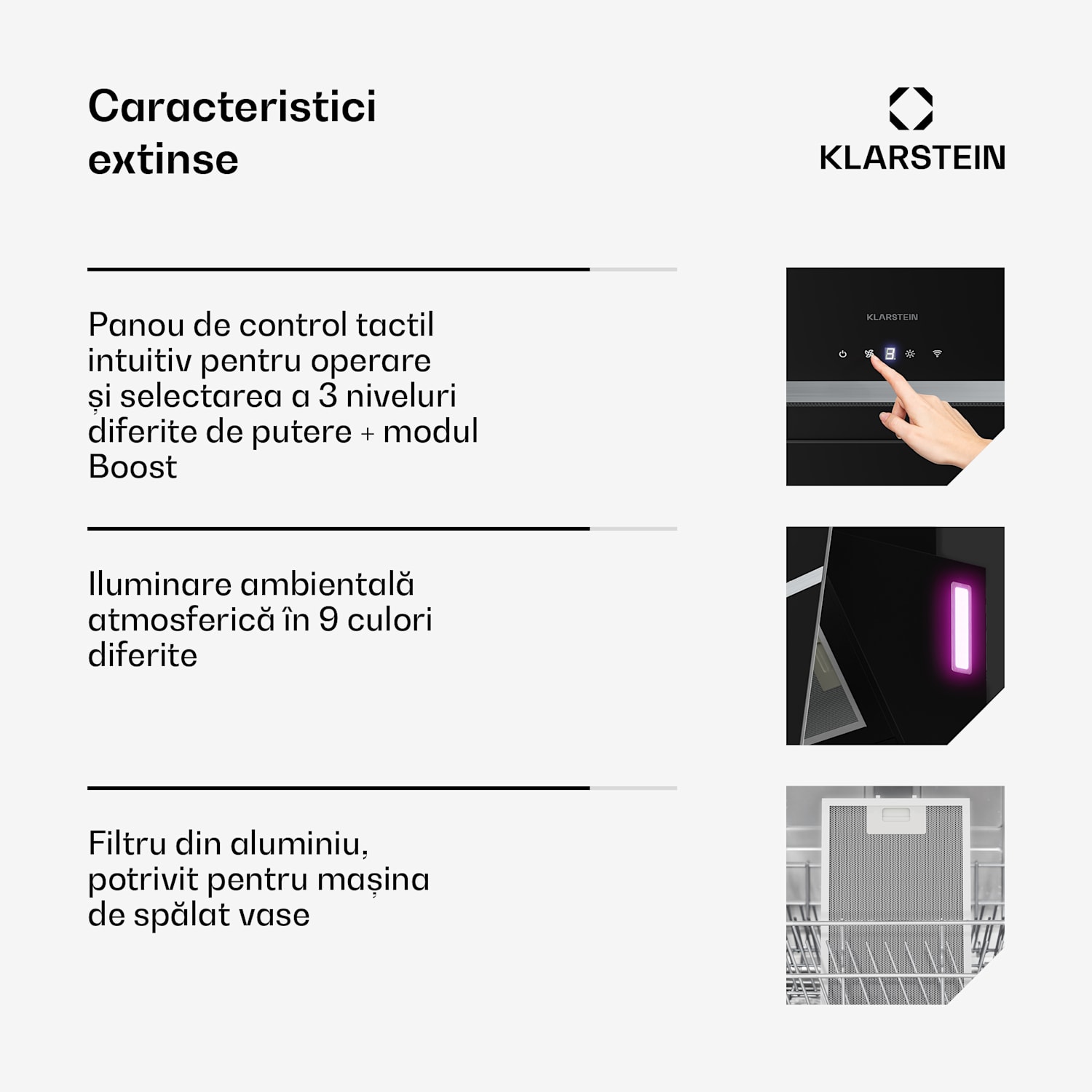 Hota înclinată BigBite | mod de evacuare și recirculare a aerului | sticlă de siguranță | 417 m³/h | 60 cm 60 cm | Negru