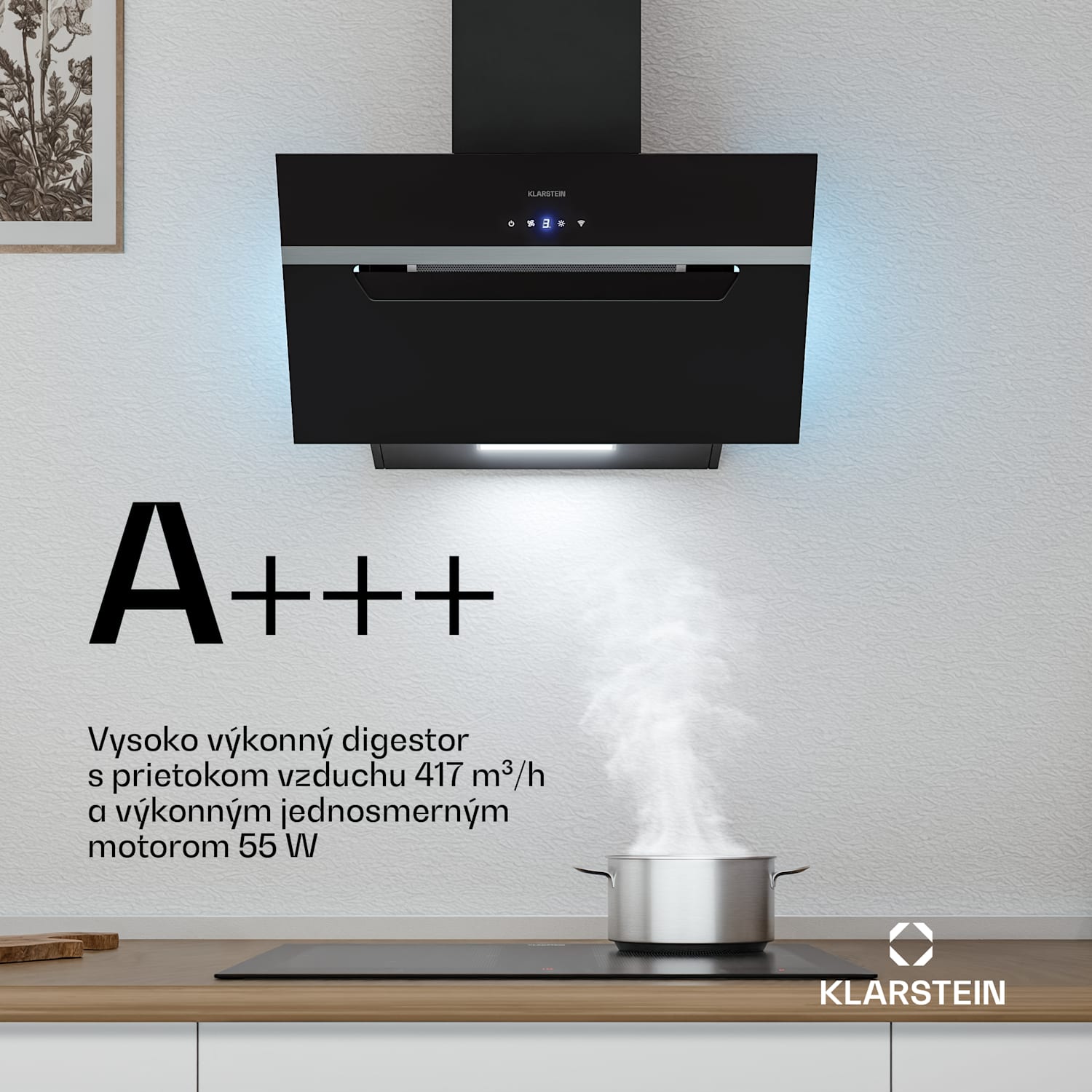 BigBite šikmý digestor | režim odsávania vzduchu a recirkulácie | bezpečnostné sklo | 417 m³/h | 60 cm 60 cm | Čierna