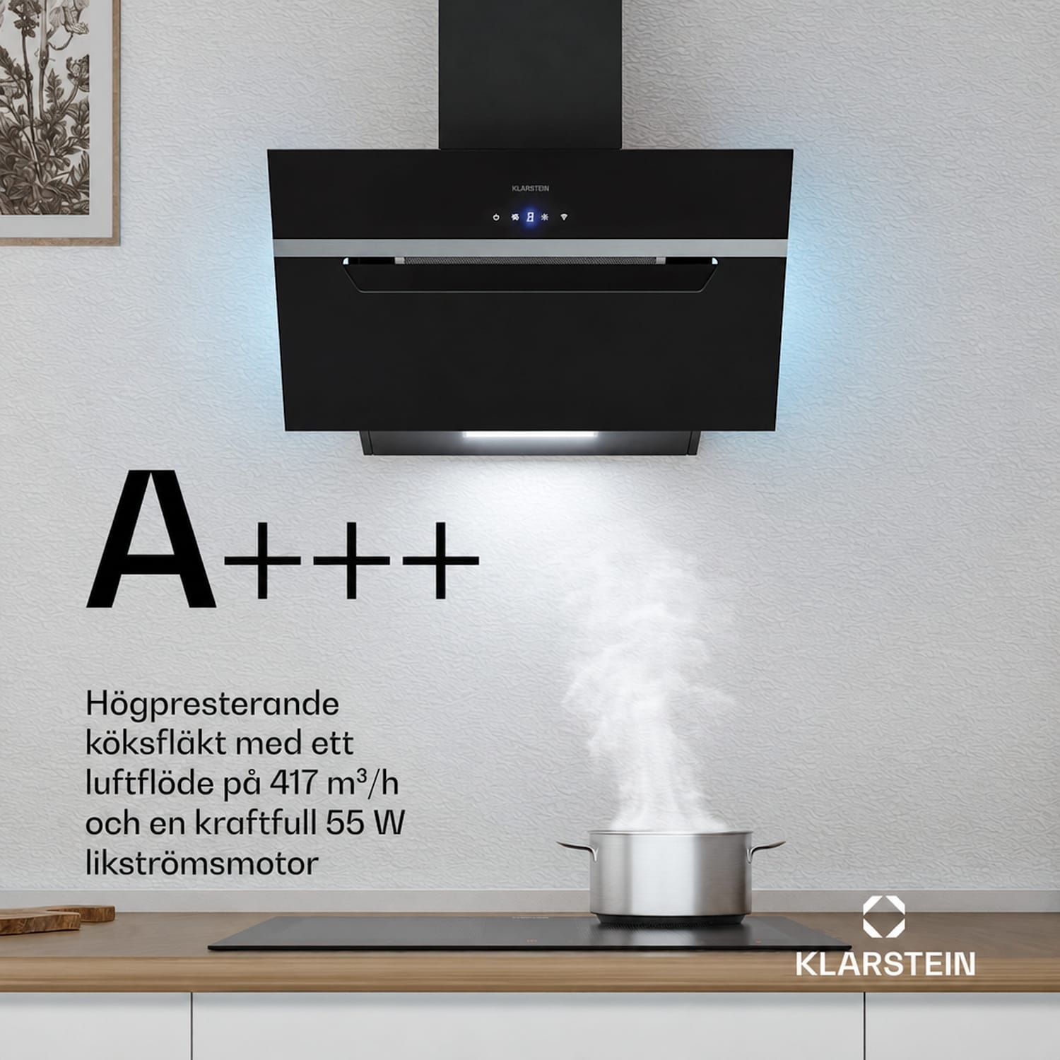 BigBite frihängande huva | utsug och återcirkulation | säkerhetsglas | 417 m³/h | 60 cm 60 cm | Svart