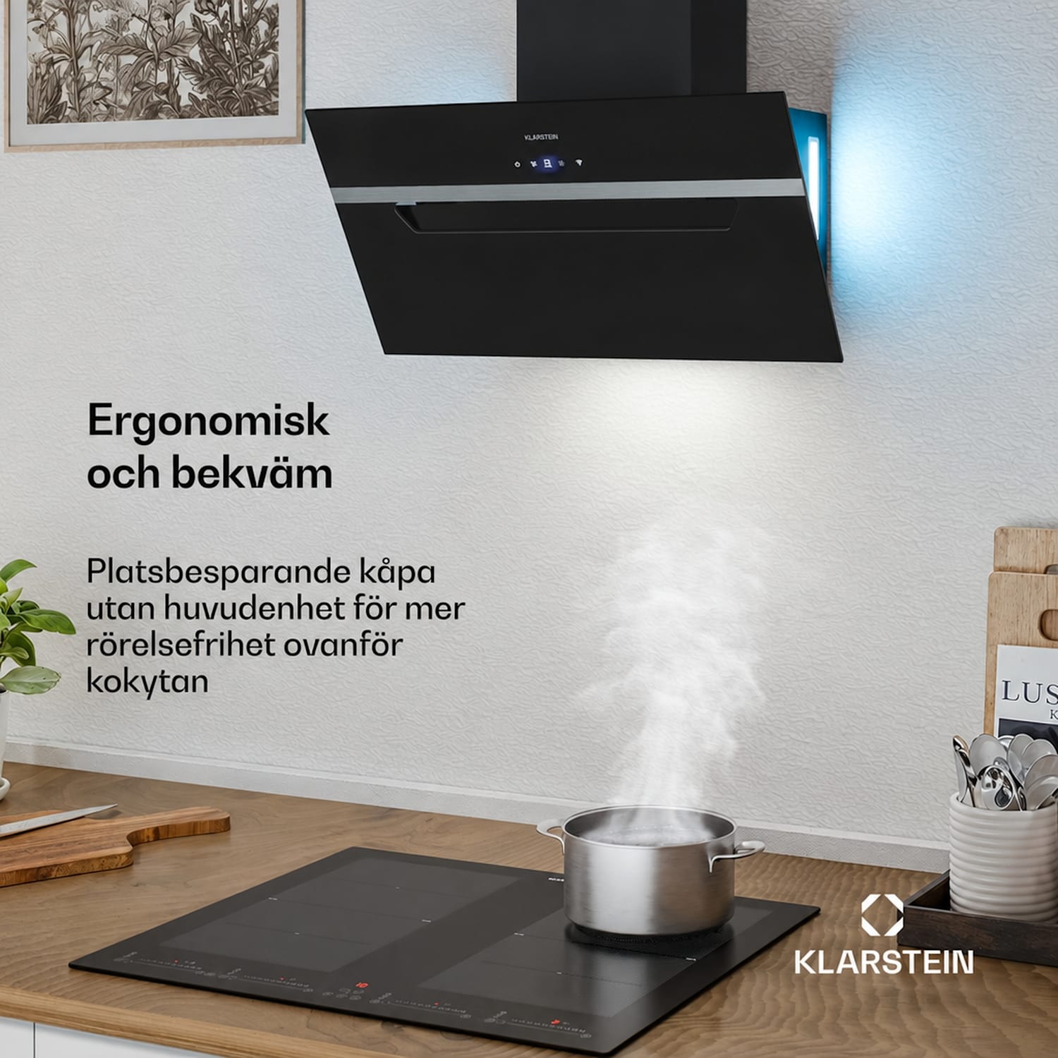 BigBite frihängande huva | utsug och återcirkulation | säkerhetsglas | 417 m³/h | 60 cm 60 cm | Svart
