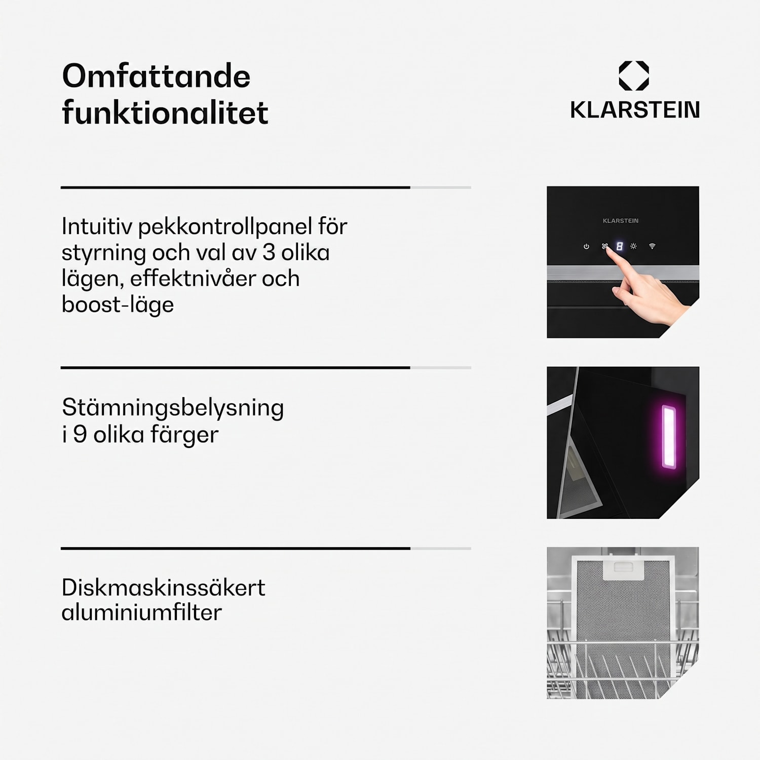 BigBite frihängande huva | utsug och återcirkulation | säkerhetsglas | 417 m³/h | 60 cm 60 cm | Svart
