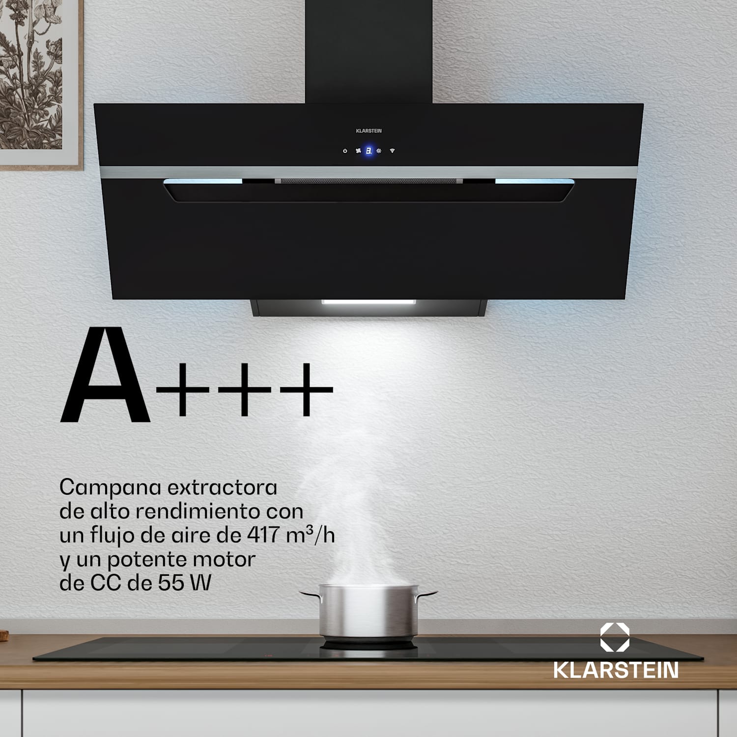 Campana BigBite sin cabeza | Modo extracción y recirculación | Vidrio templado | 417 m³/h | 90 cm 90 cm | Negro