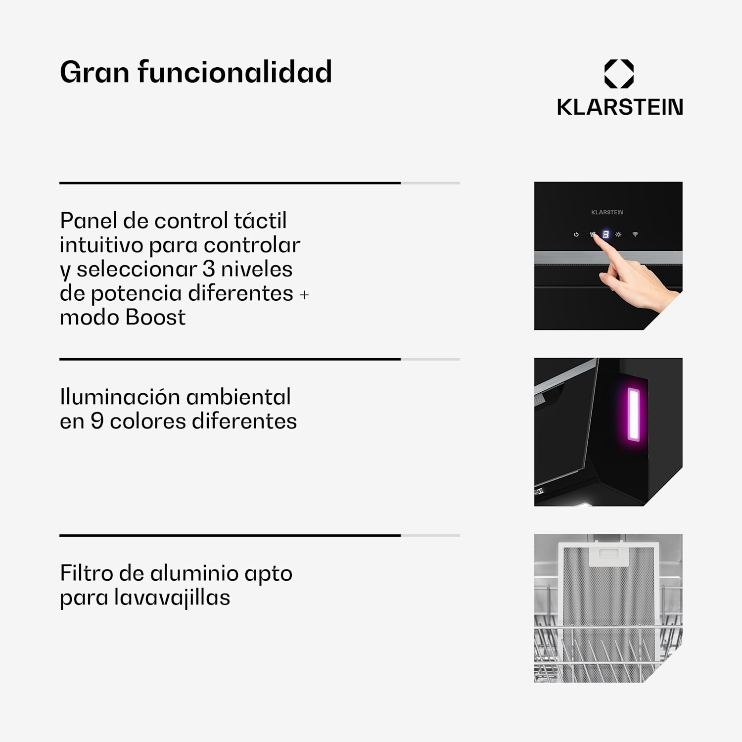 Campana BigBite sin cabeza | Modo extracción y recirculación | Vidrio templado | 417 m³/h | 90 cm 90 cm | Negro