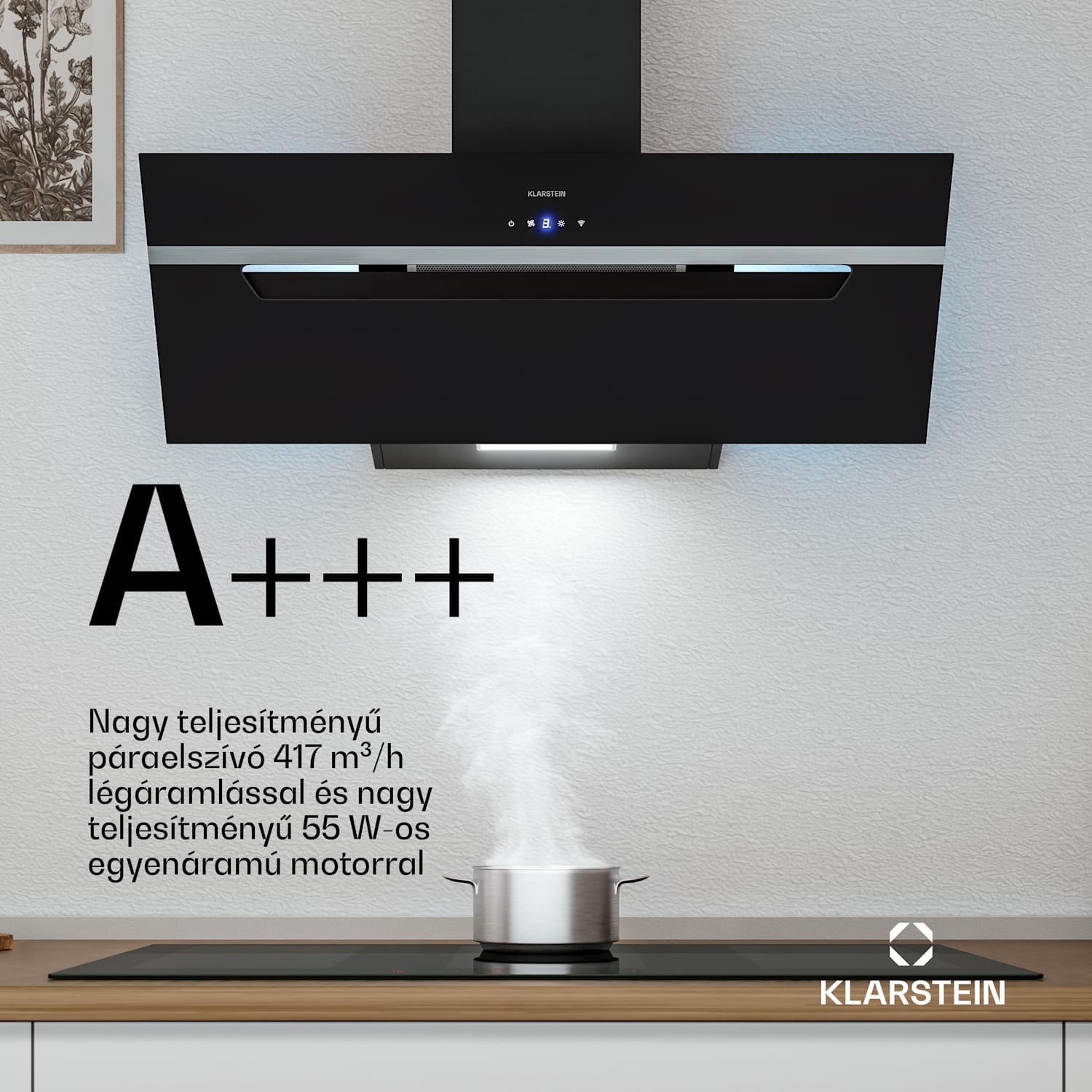 BigBite ferde páraelszívó | elszívó és keringtető üzemmód | biztonsági üveg | 417m³/h | 90cm 90 cm | Fekete