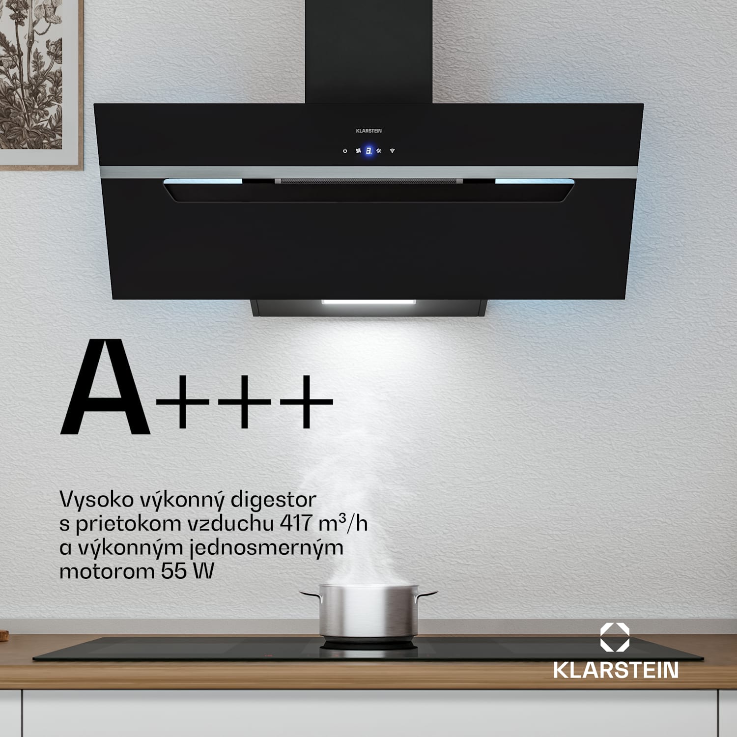 BigBite šikmý digestor | režim odsávania vzduchu a recirkulácie | bezpečnostné sklo | 417 m³/h | 90 cm 90 cm | Čierna