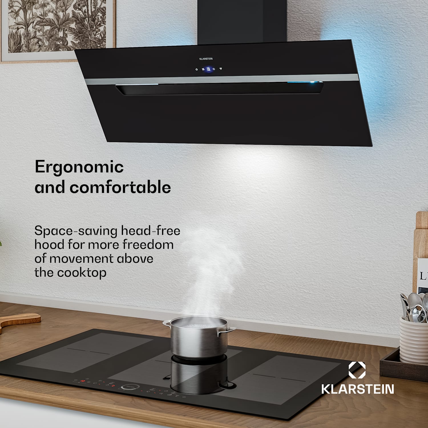 BigBite kuvuton liesituuletin | Poisto- ja kiertoilmatoiminto | Turvalasi | 417 m³/h | 90 cm 90 cm | Musta