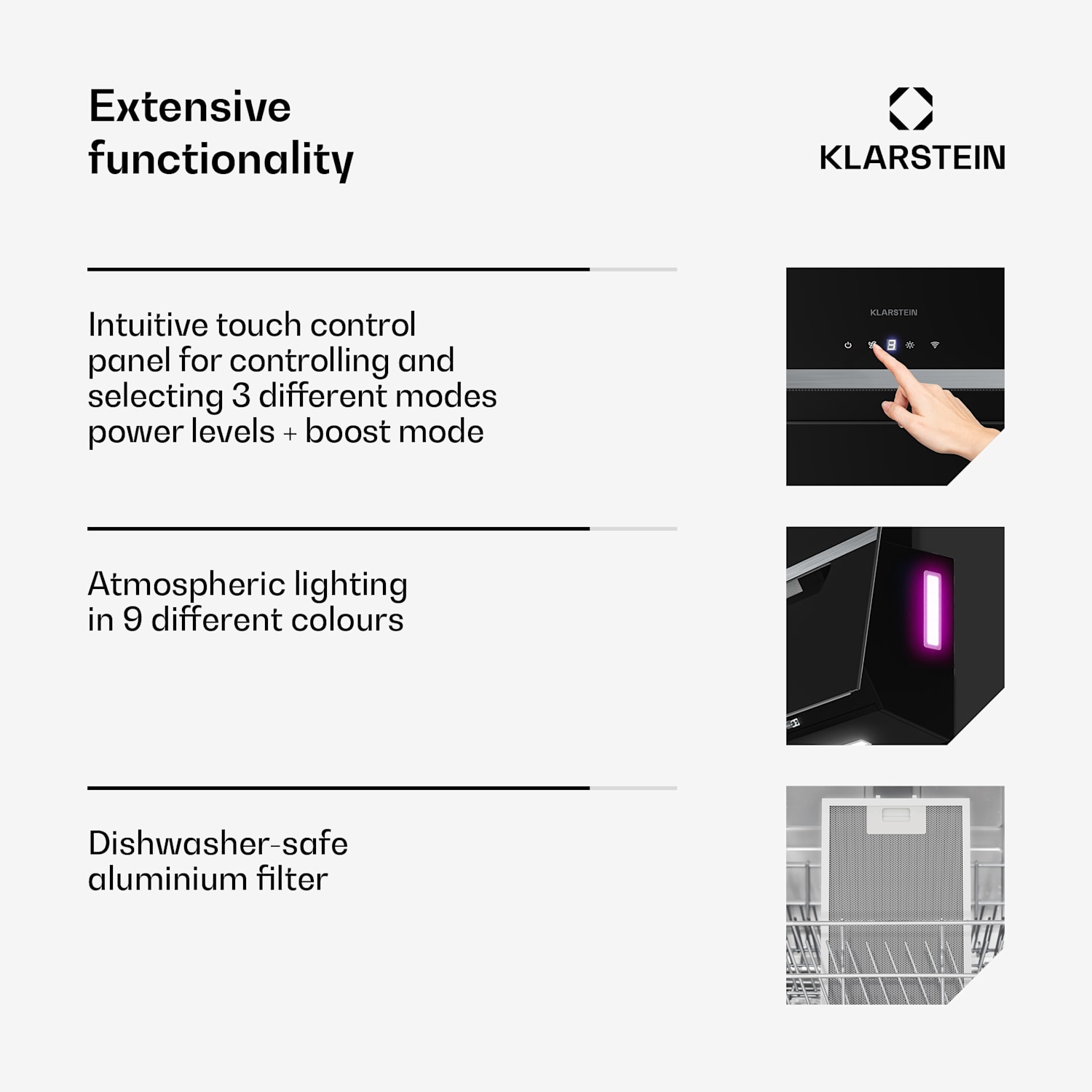 BigBite kuvuton liesituuletin | Poisto- ja kiertoilmatoiminto | Turvalasi | 417 m³/h | 90 cm 90 cm | Musta