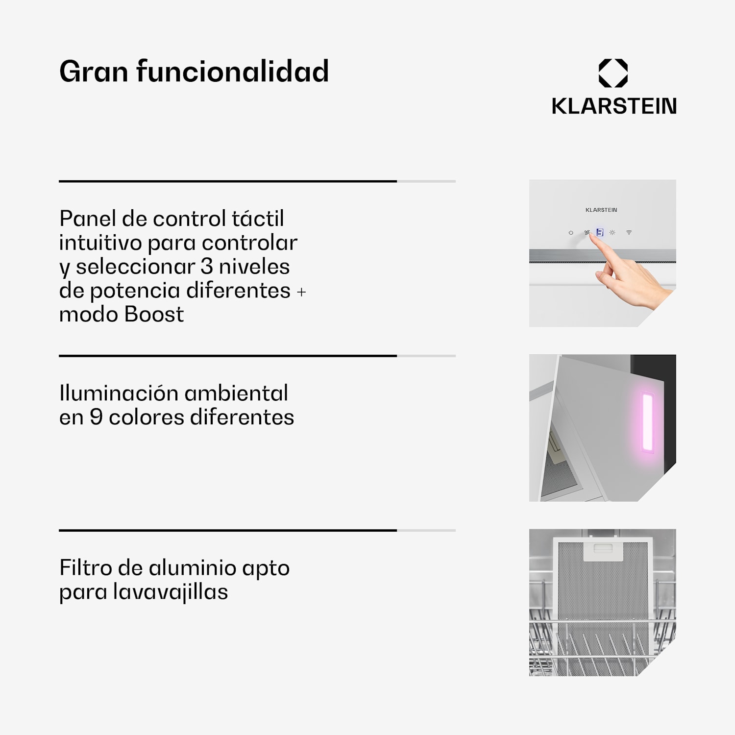 Campana extractora BigBite sin techo | Modo extracción y recirculación | Vidrio de seguridad | 417 m³/h | 60 cm 60 cm | Blanco