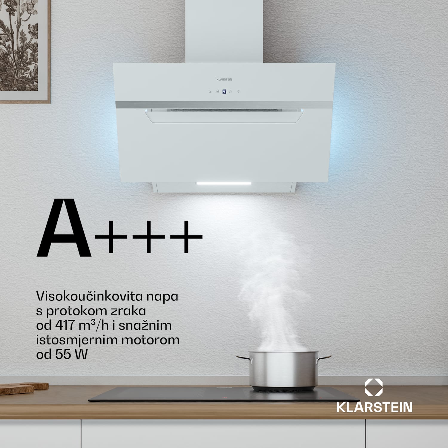 BigBite kosa napa | režim ekstrakcije i recirkulacije zraka | sigurnosno staklo | 417 m³/h | 60 cm 60 cm | Bijela