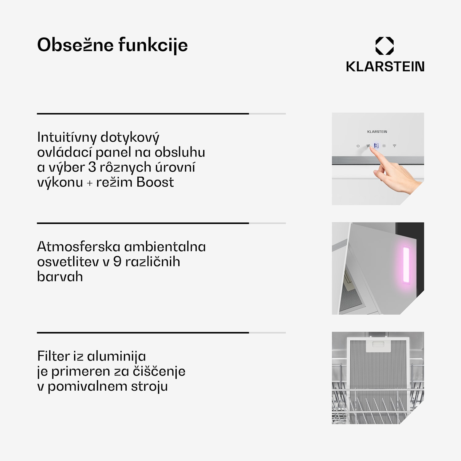 BigBite poševna kuhinjska napa | način odsesavanja in recirkulacije zraka | varnostno steklo | 417 m³/h | 60 cm 60 cm | Bela