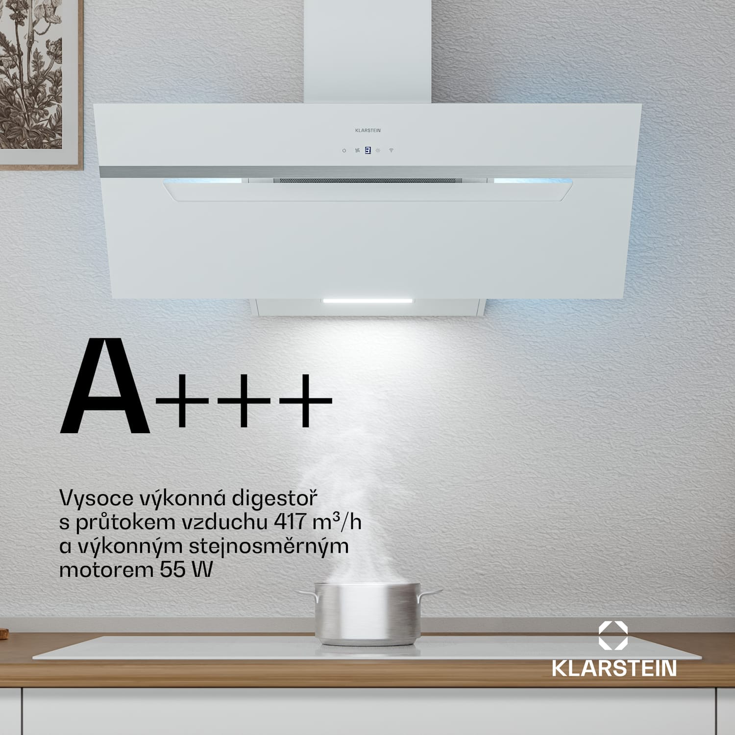 BigBite šikmá digestoř | režim odsávání vzduchu a recirkulace | bezpečnostní sklo | 417 m³/h | 90 cm 90 cm | Bílá