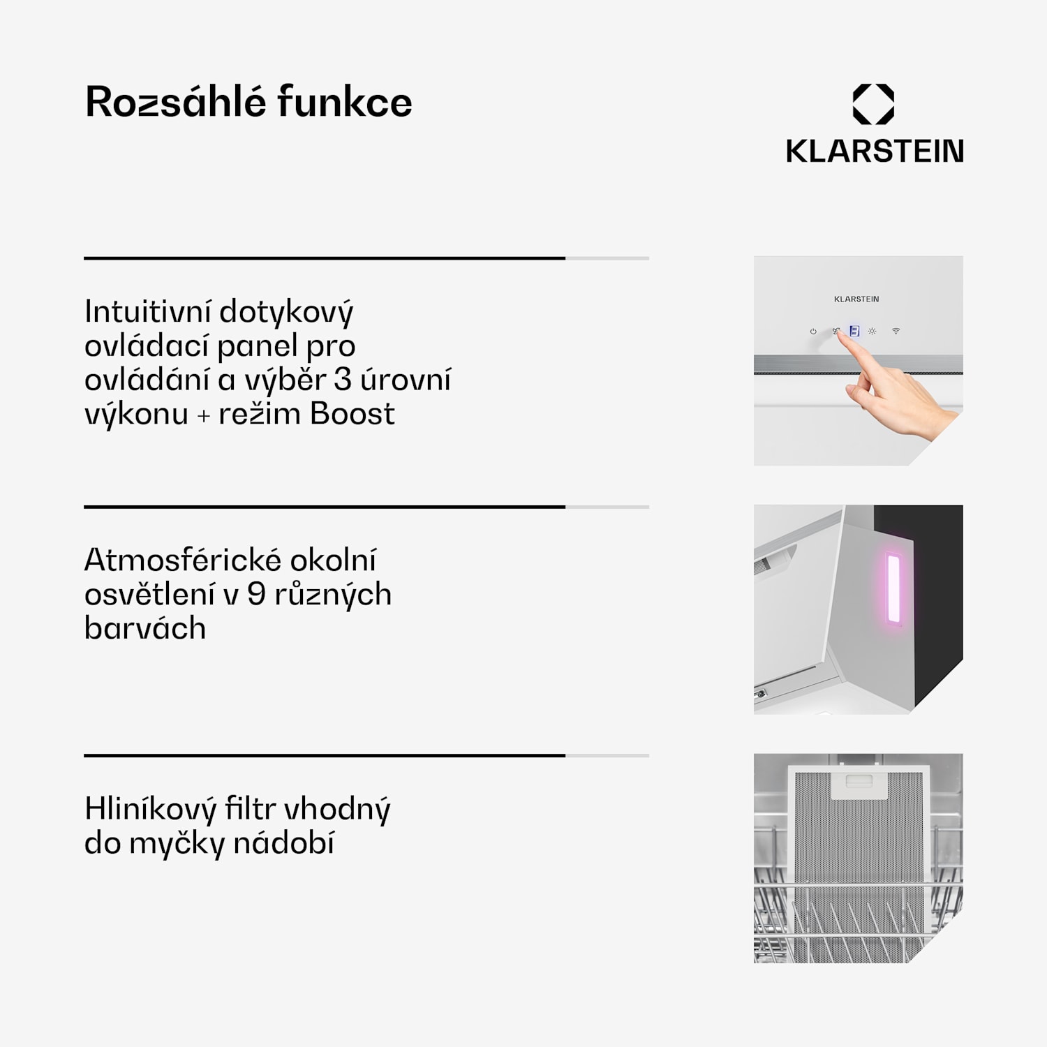 BigBite šikmá digestoř | režim odsávání vzduchu a recirkulace | bezpečnostní sklo | 417 m³/h | 90 cm 90 cm | Bílá