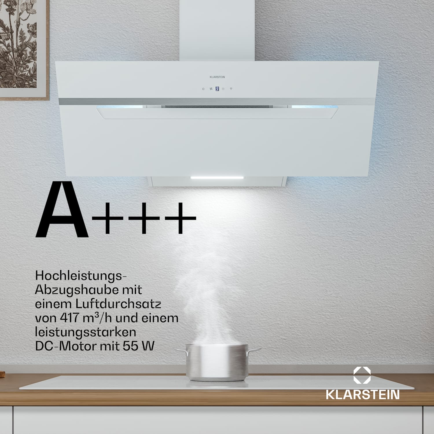 BigBite Kopffreihaube | Abluft- und Umluftmodus | Sicherheitsglas | 417 m³/h | 90 cm 90 cm | Weiß