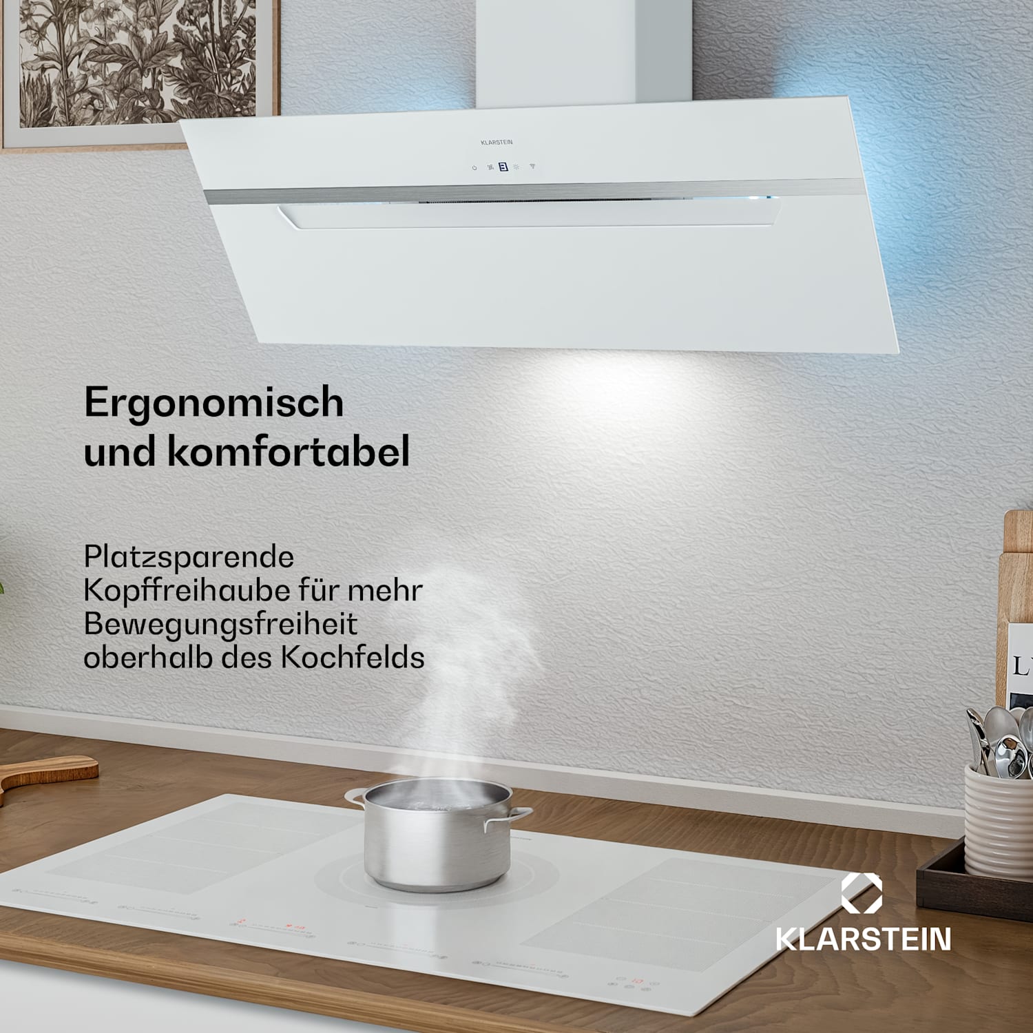 BigBite Kopffreihaube | Abluft- und Umluftmodus | Sicherheitsglas | 417 m³/h | 90 cm 90 cm | Weiß