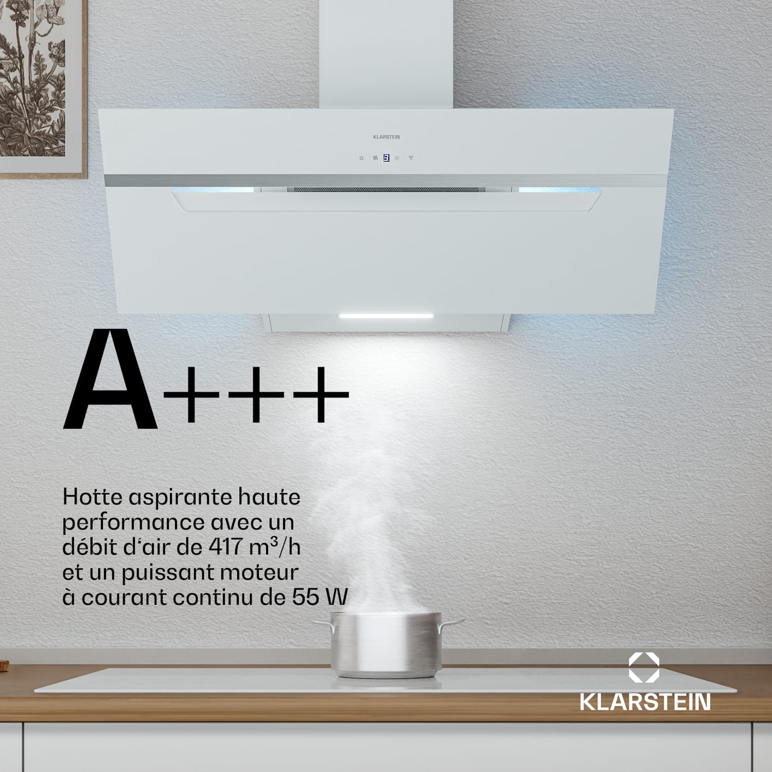 BigBite schuine afzuigkap | afzuig- en recirculatiemodus | veiligheidsglas | 417 m³/h | 90 cm 90 cm | Wit