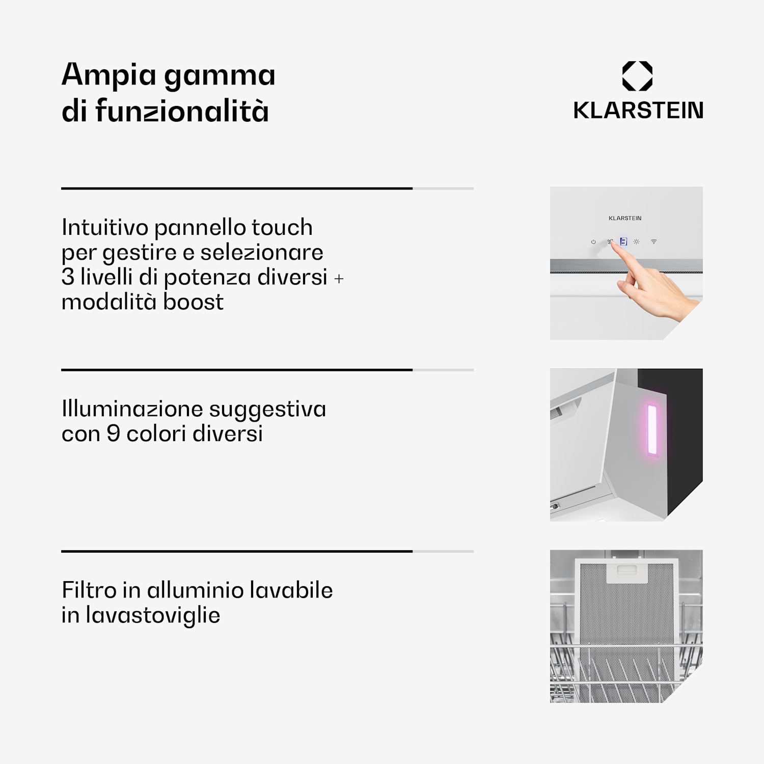 BigBite - Cappa a soffitto | Modalità di scarico e ricircolo | Vetro di sicurezza | 417 m³/ora | 90 cm 90 cm | Bianco