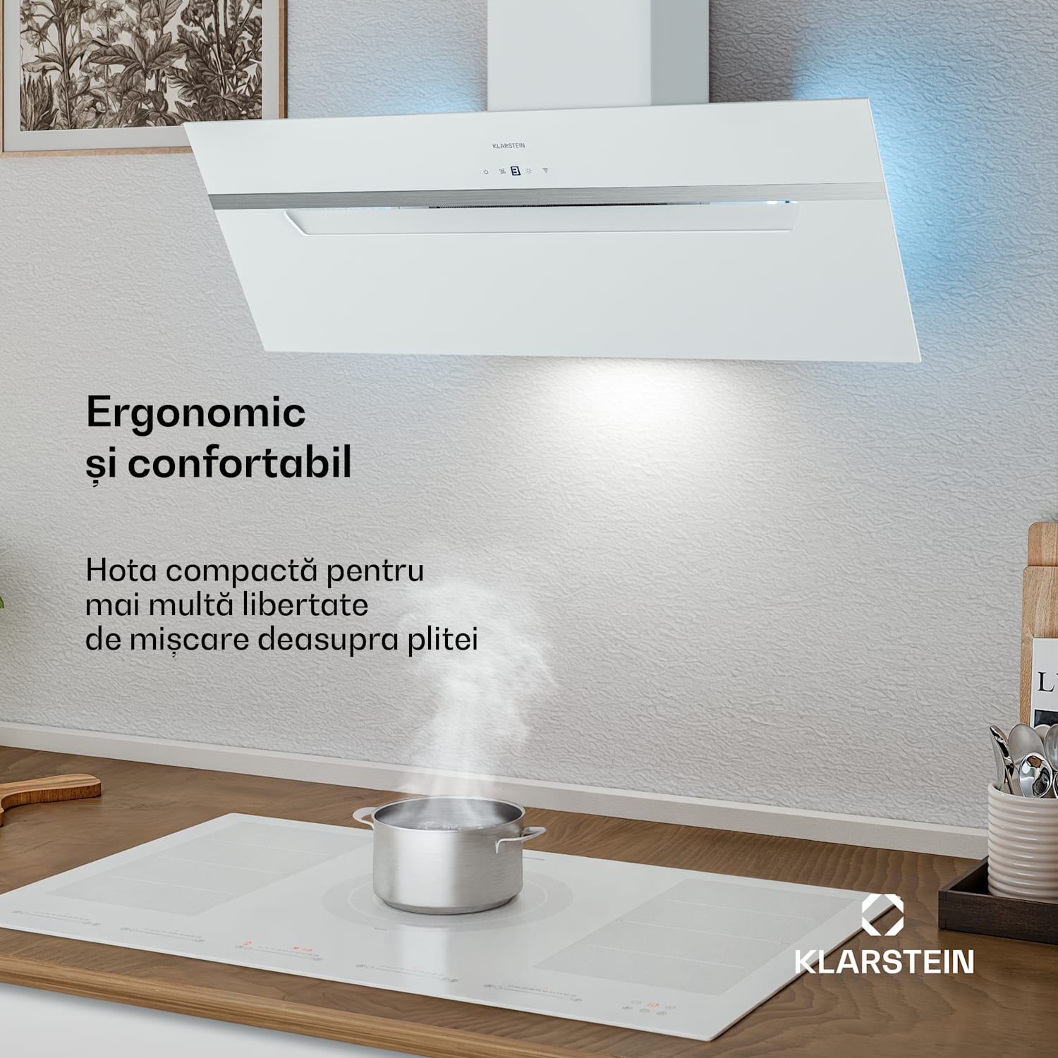 BigBite hota înclinată | mod de evacuare a aerului și recirculare | sticlă de siguranță | 417 m³/h | 90 cm 90 cm | Alb