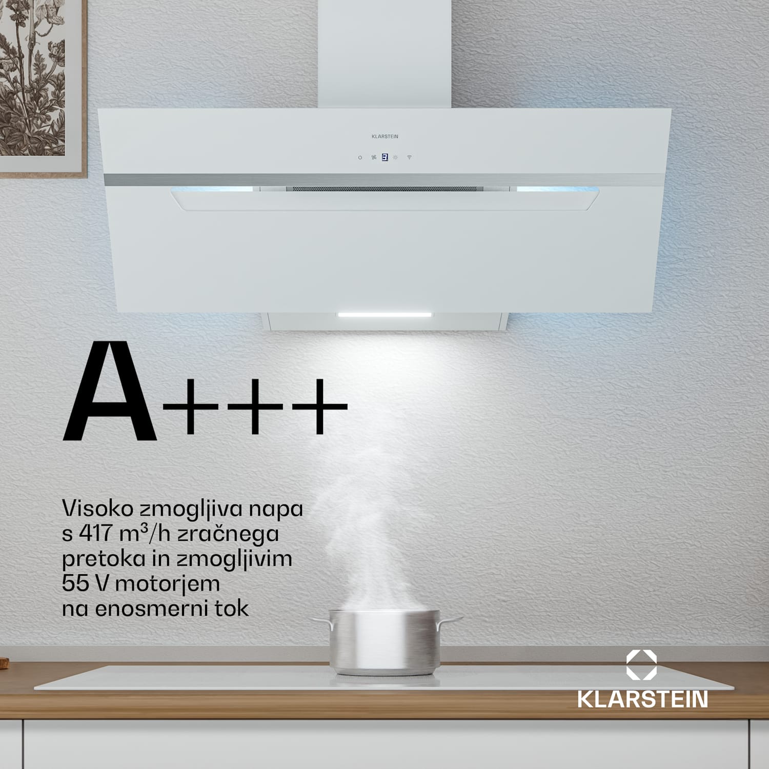 BigBite poševna kuhinjska napa | način odsesavanja in recirkulacije zraka | varnostno steklo | 417 m³/h | 90 cm 90 cm | Bela