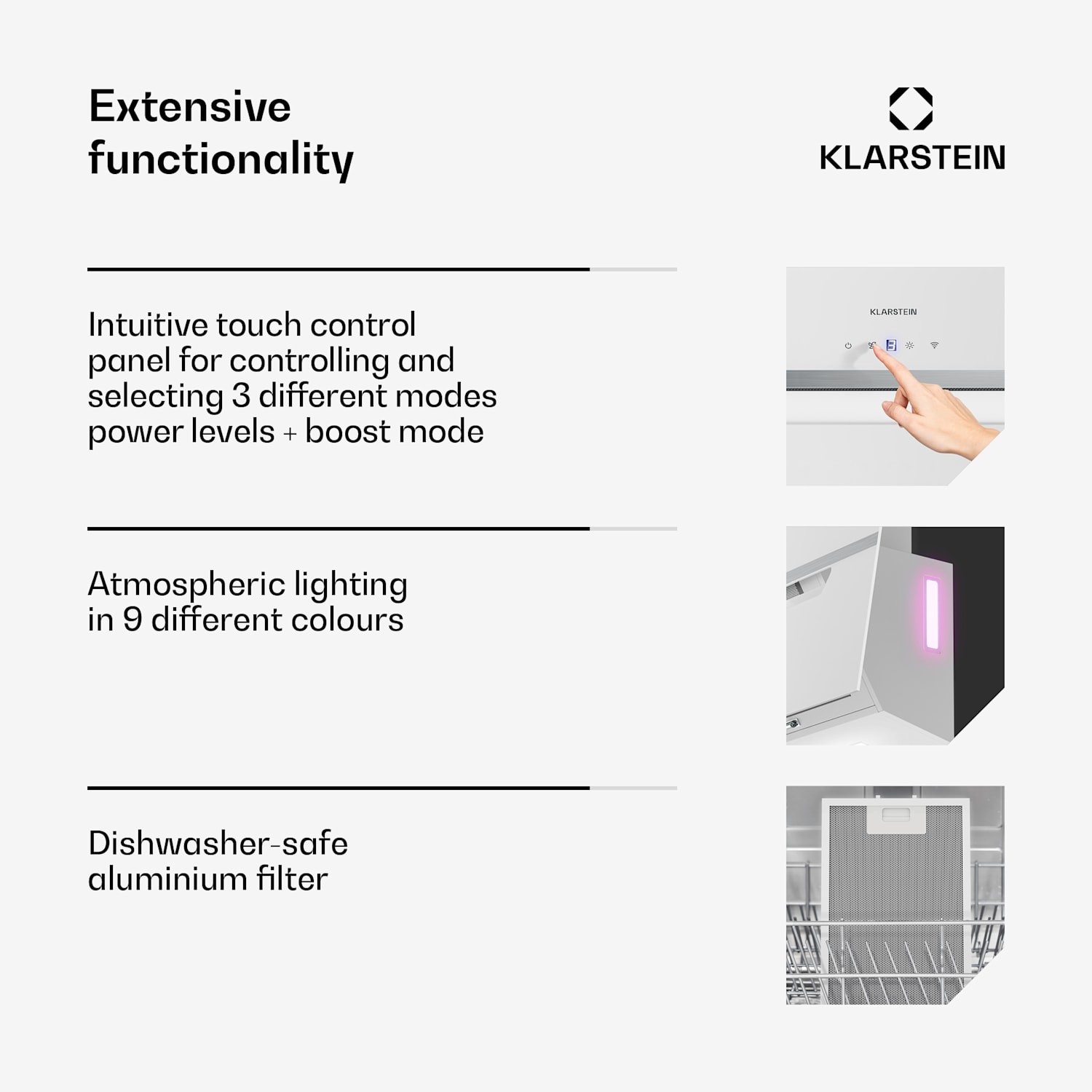 BigBite schuine afzuigkap | afzuig- en recirculatiemodus | veiligheidsglas | 417 m³/h | 90 cm 90 cm | Wit