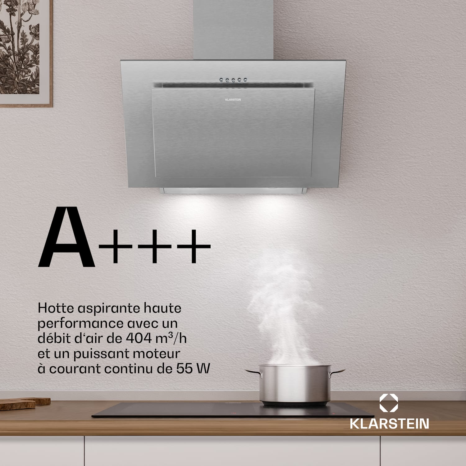 Hotte inclinée Athena | Mode évacuation et recyclage | 404 m³/h | 56 W | 60 cm 60 cm | Acier Inoxydable