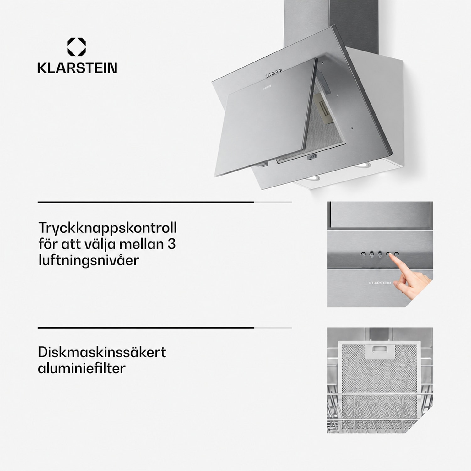 Athena snedställd köksfläkt | Av- och recirkulationsläge | 254 m³/h | 56 W | 60 cm 60 cm | Silver