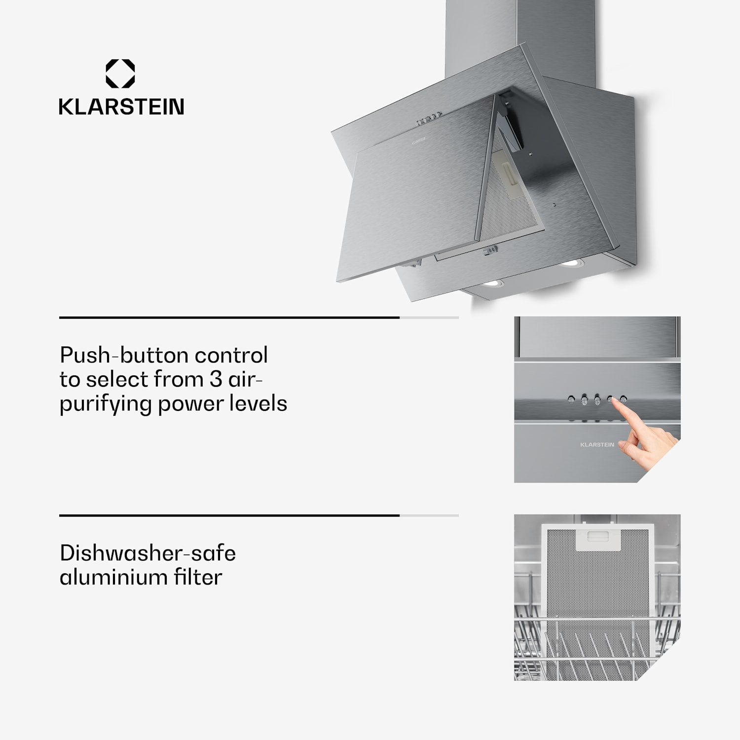 Exaustor de parede Athena | modo de extração e de recirculação de ar | 404 m³/h | 56 W | 60 cm 60 cm | Aço Inoxidável