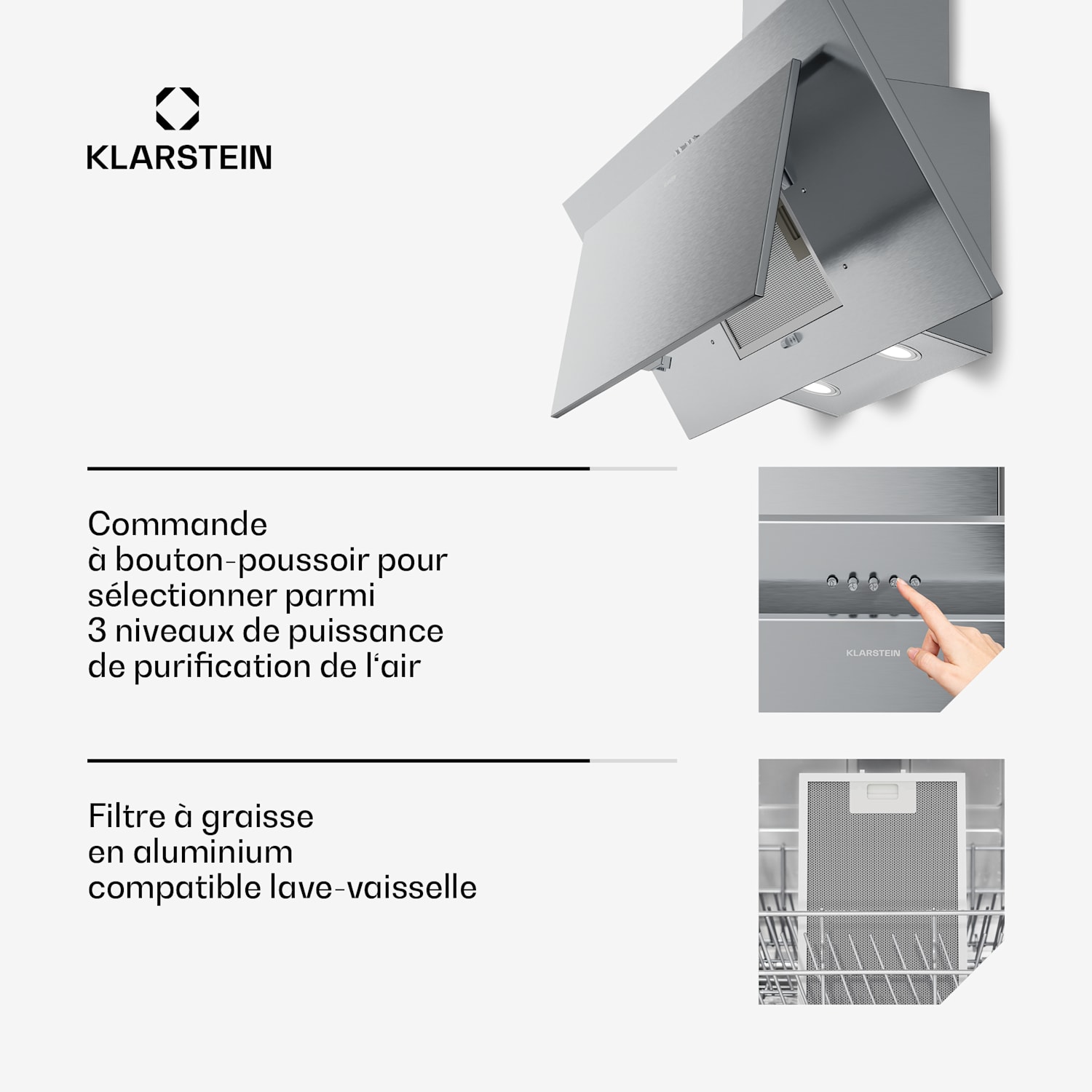 Hotte inclinée Athena | Mode extraction et recyclage | 404 m³/h | 56 W | 90 cm 90 cm | Acier Inoxydable