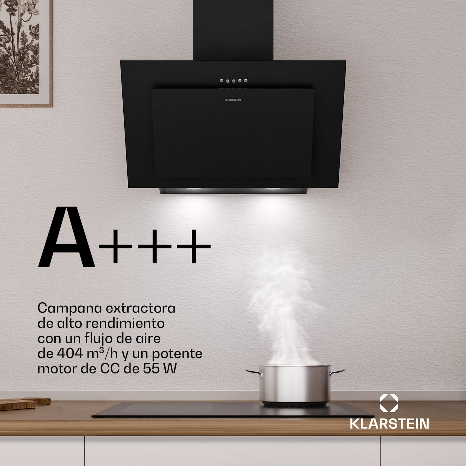 Campana extractora Athena sin cabezal | Modo de extracción y recirculación | 404 m³/h | 56 W | 60 cm 60 cm | Negro