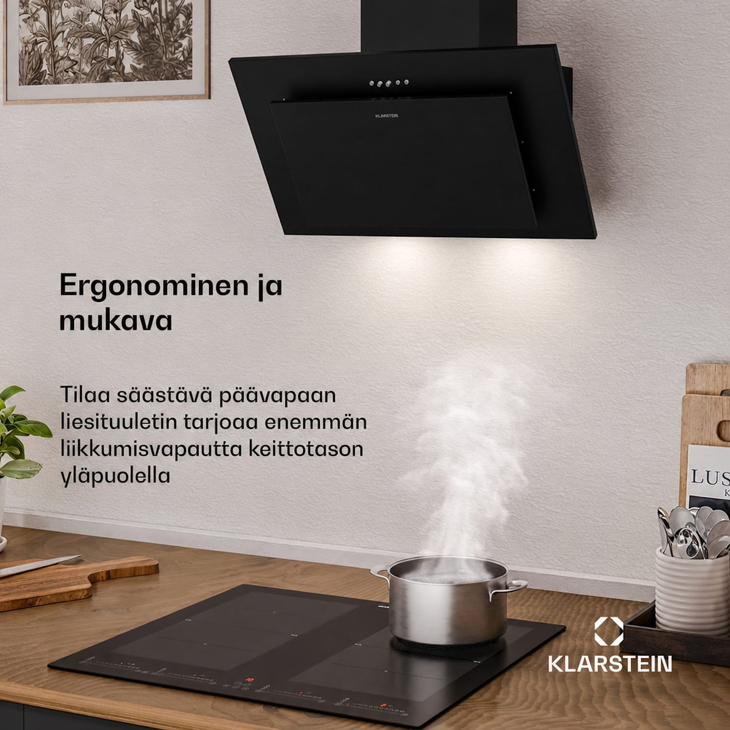 Athena seinäkupu | Poisto- ja kiertoilmatila | 254 m³/h | 56 W | 60 cm 60 cm | Musta