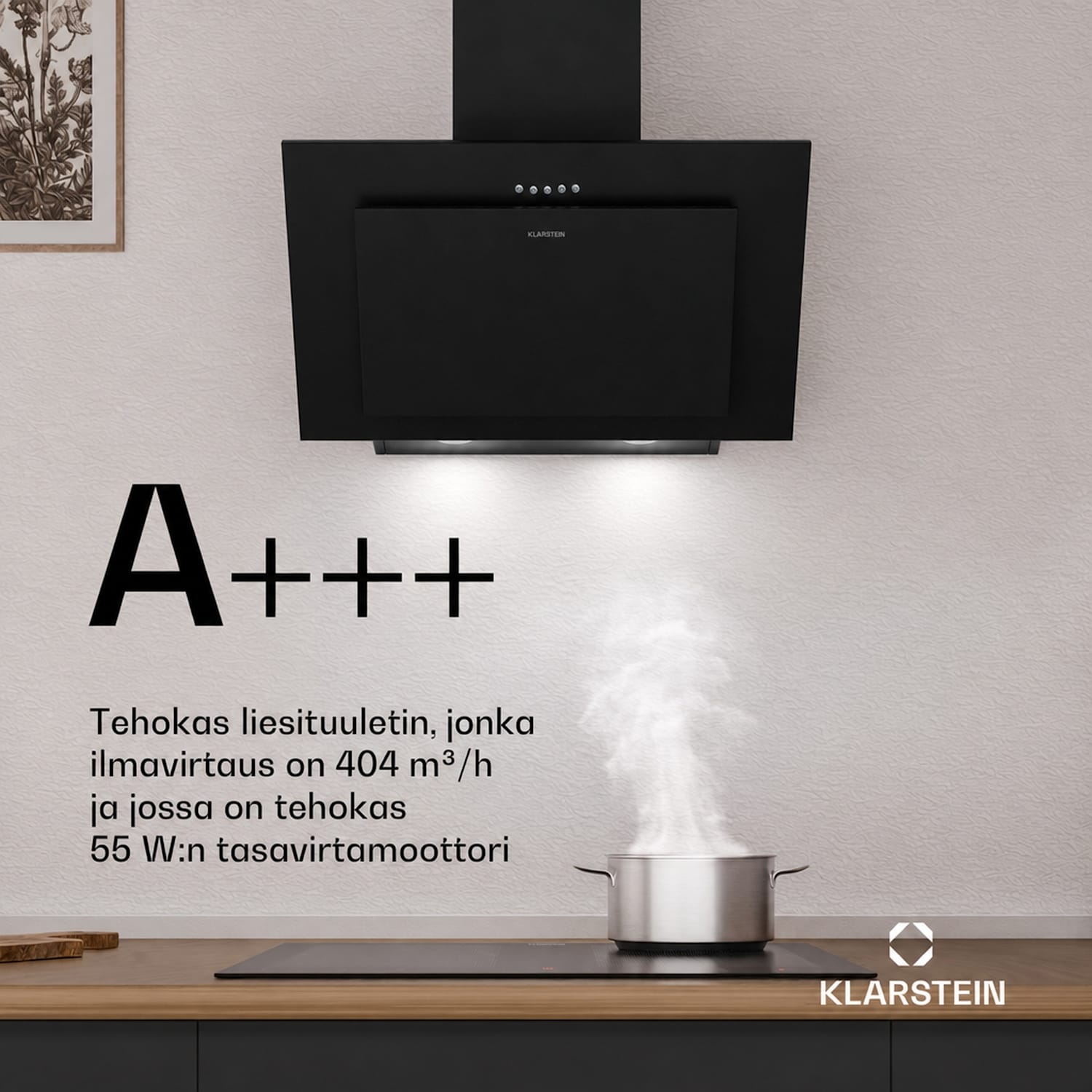 Athena seinäkupu | Poisto- ja kiertoilmatila | 254 m³/h | 56 W | 60 cm 60 cm | Musta