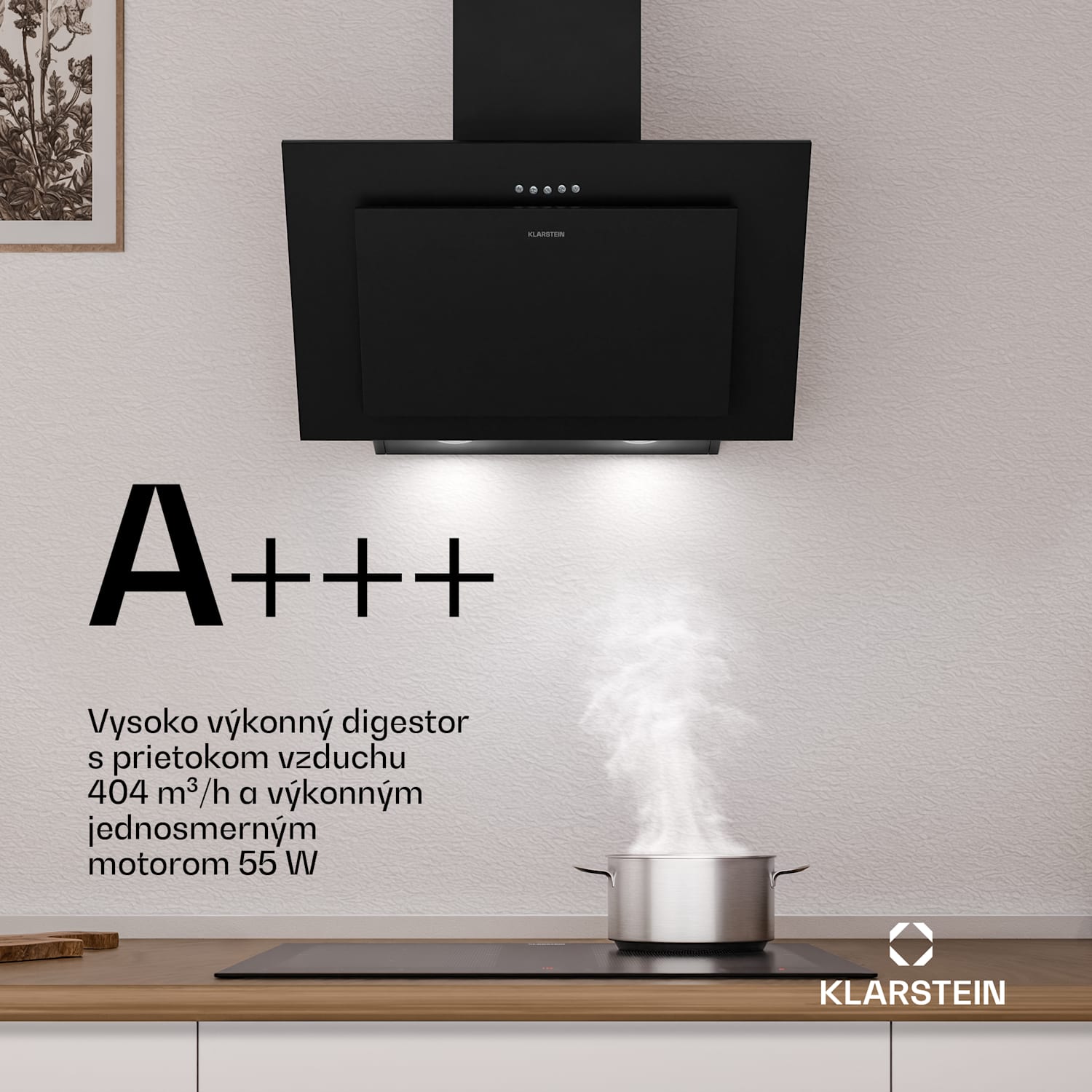 Athena šikmý digestor | režim odsávania vzduchu a recirkulácie | 404 m³/h | 56 W | 60 cm 60 cm | Čierna