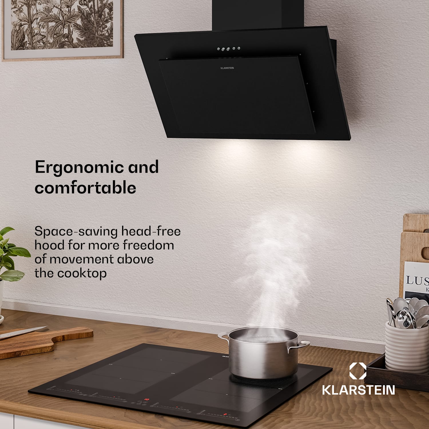 Athena seinälle asennettava liesituuletin | Poisto- ja kiertoilmatoiminto | 404 m³/h | 56 W | 60 cm 60 cm | Musta