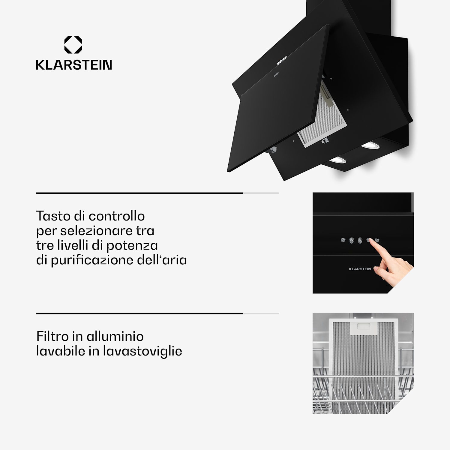 Athena - Cappa aspirante | Modalità di ricircolo e scarico | 404 m³/ora | 56 W | 90 cm 90 cm | Nero