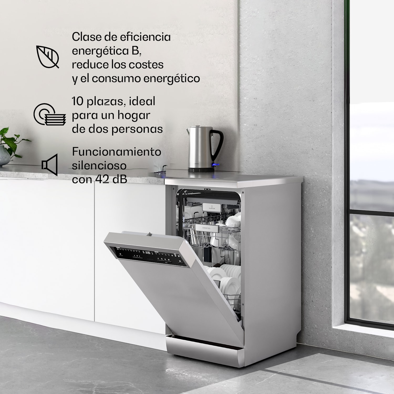 Lavavajillas independiente Verosteel de 45 cm, minimalista, compacto, elegante, EEC B 45 cm