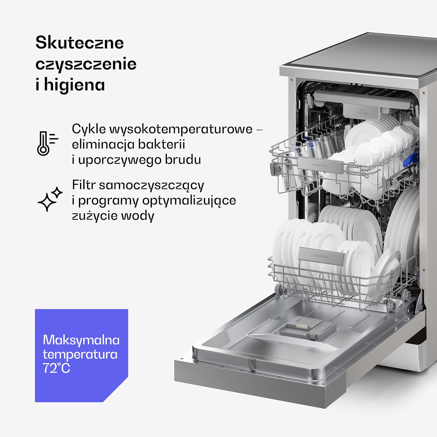 Zmywarka wolnostojąca Verosteel | Minimalistyczna, Kompaktowa, Elegancka | EEC B | 45 cm 45 cm