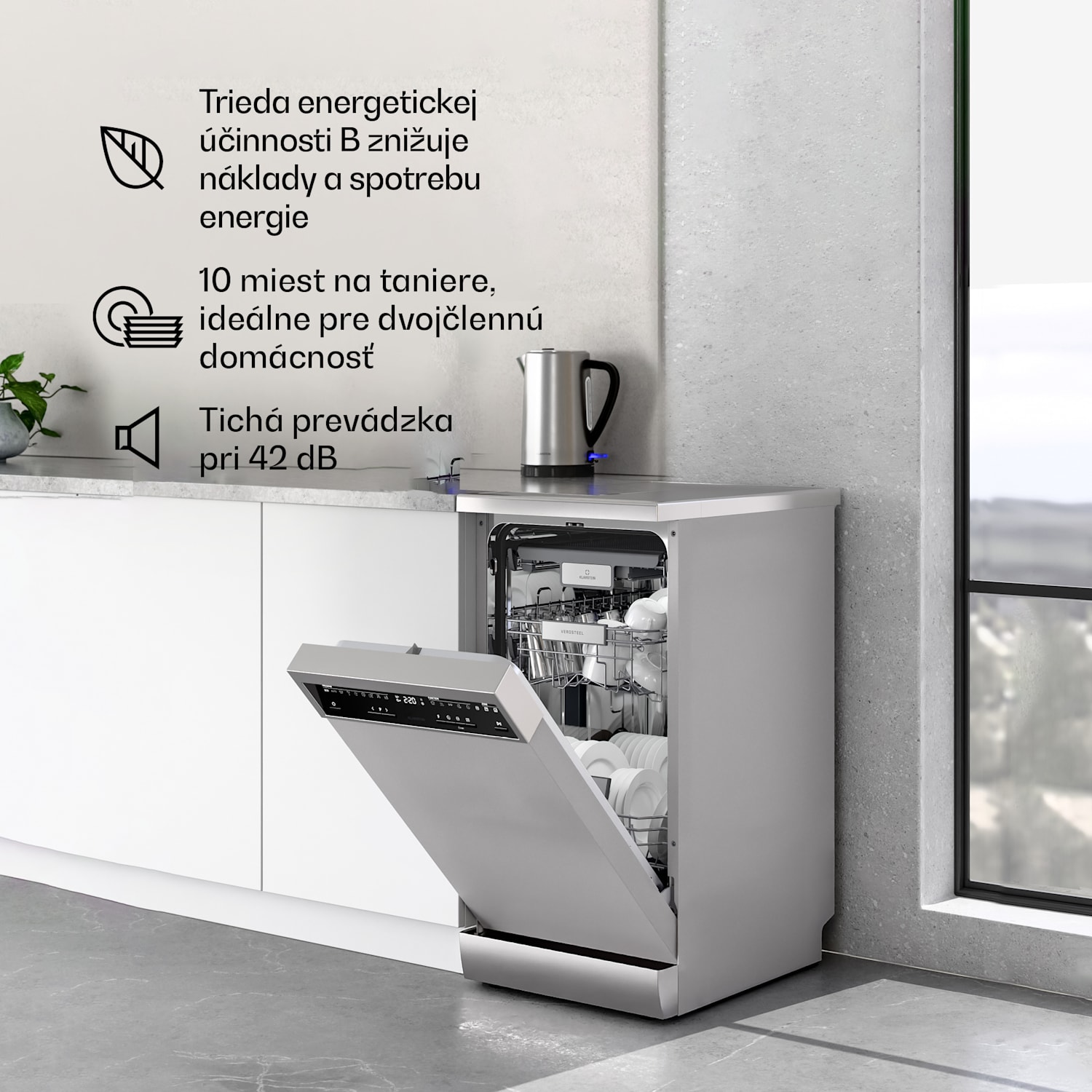 Voľne stojaca umývačka riadu Verosteel | Minimalistická, kompaktná, elegantná | EEC B | 45 cm 45 cm