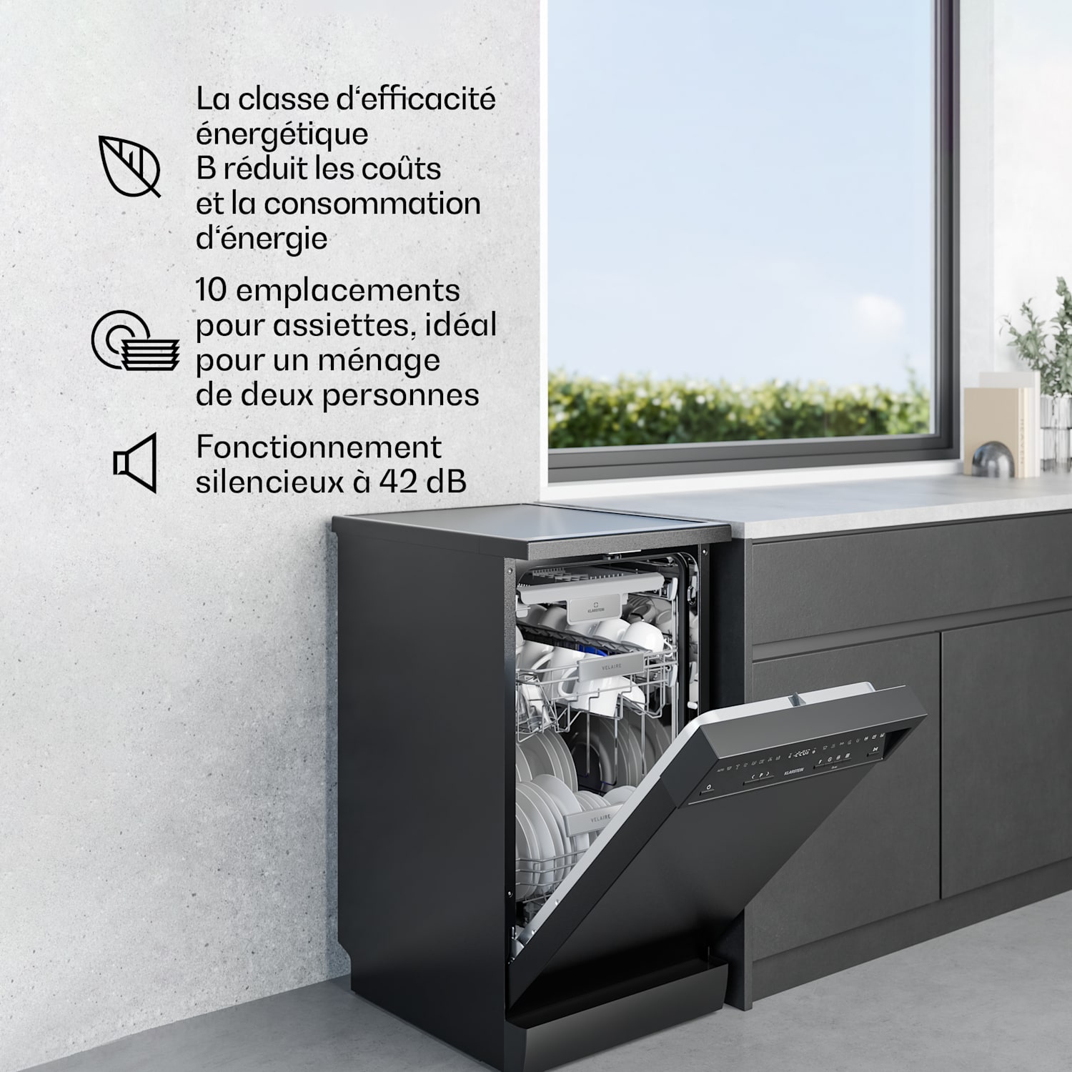 Velaire lave-vaisselle encastrable | Minimaliste, compact, puissant | CEE B | 45 cm pose libre / sur pied | 45 cm