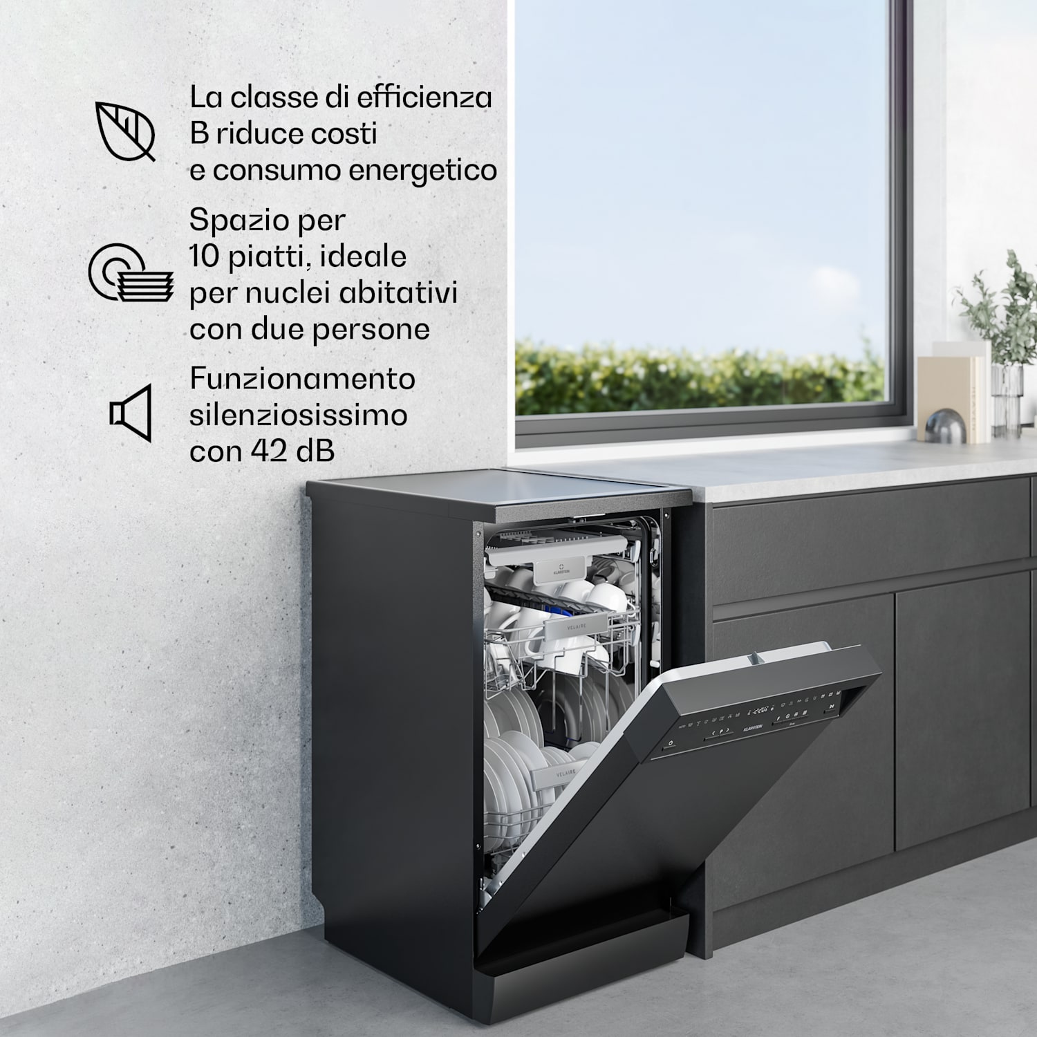 Velaire - Lavastoviglie indipendente | Minimalista, compatta, potente | Classe energetica B | 45 cm Posizionamento libero | 45 cm