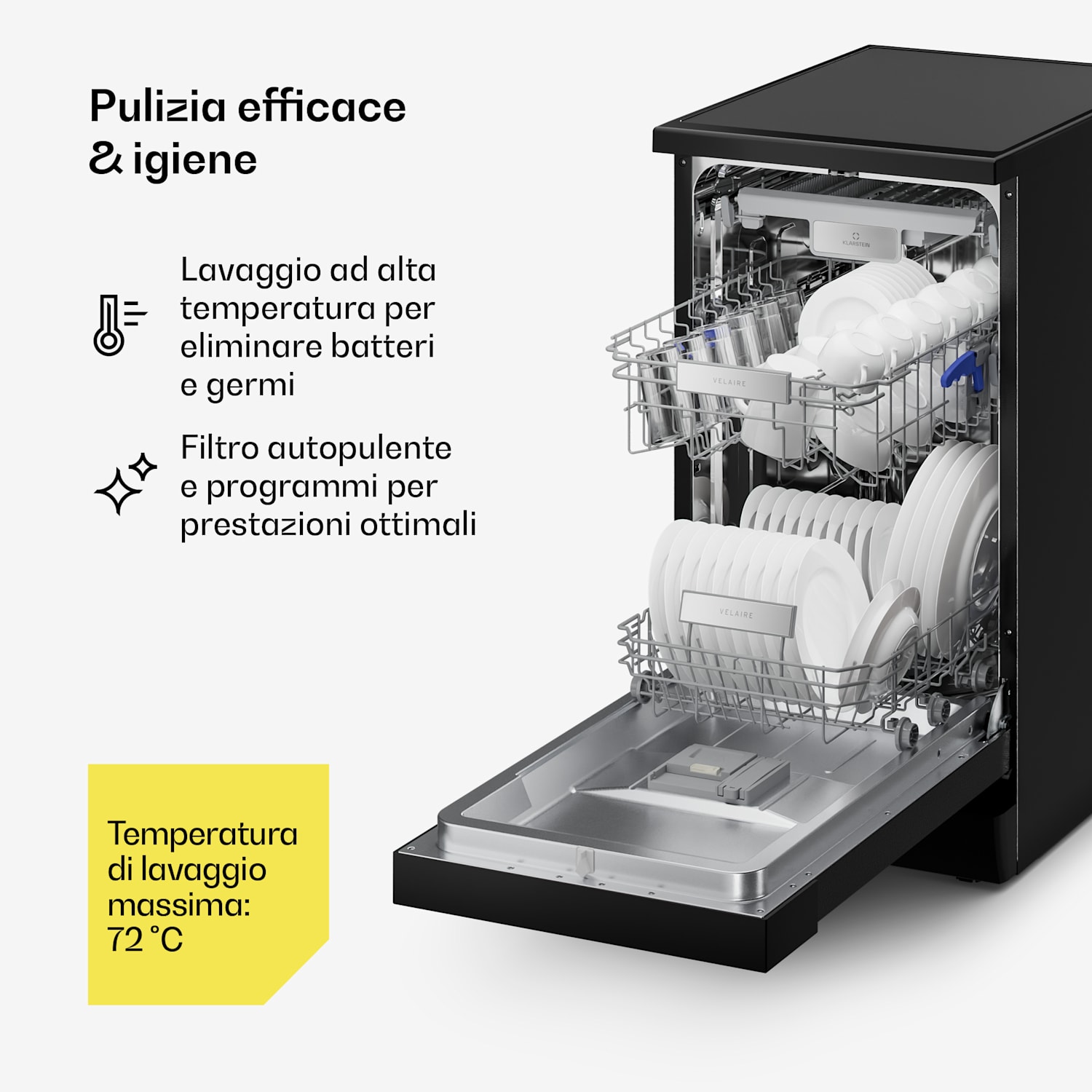 Velaire - Lavastoviglie indipendente | Minimalista, compatta, potente | Classe energetica B | 45 cm Posizionamento libero | 45 cm