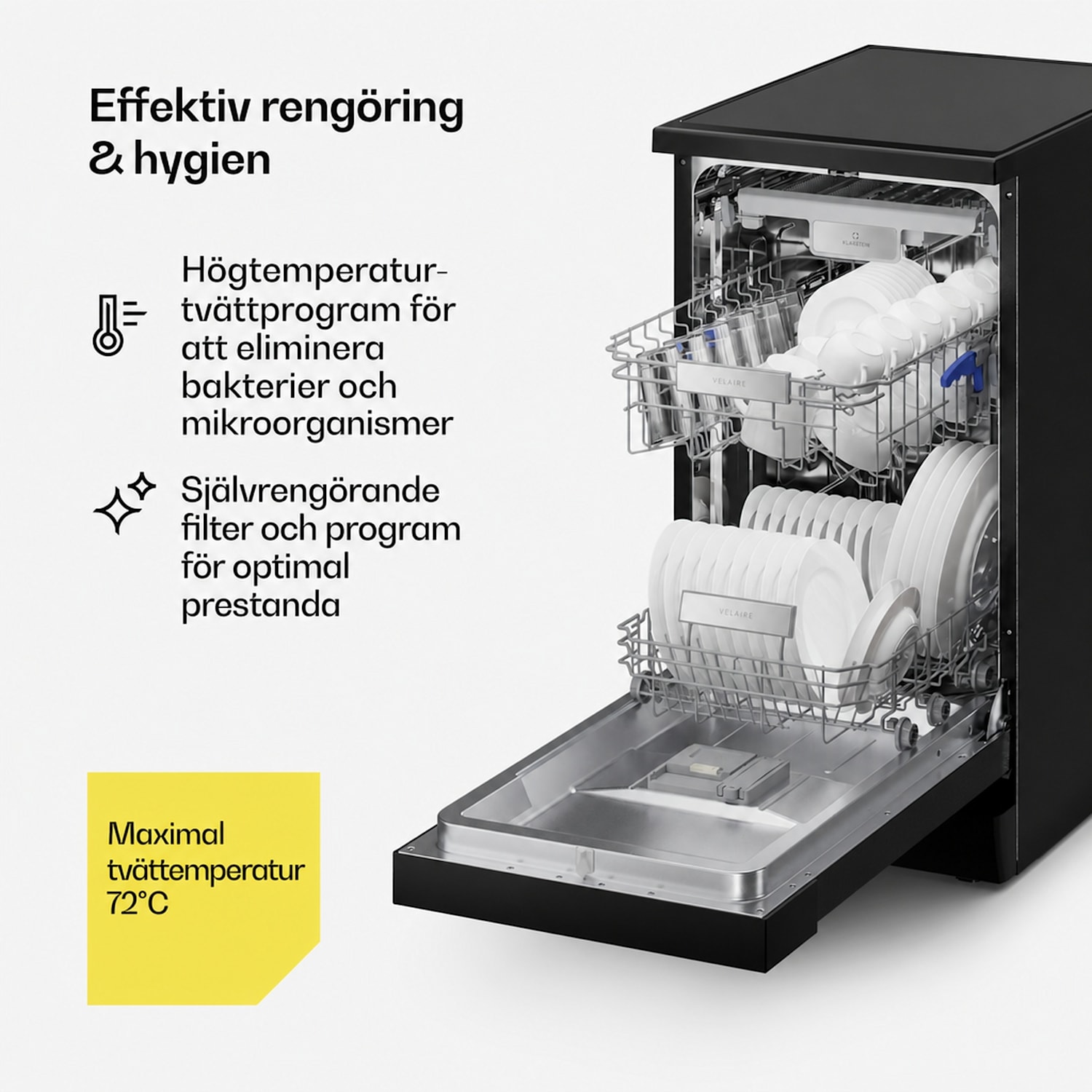 Velaire Fristående Diskmaskin | Minimalistisk, Kompakt, Kraftfull | EEC B | 45 cm samostatný | 45 cm