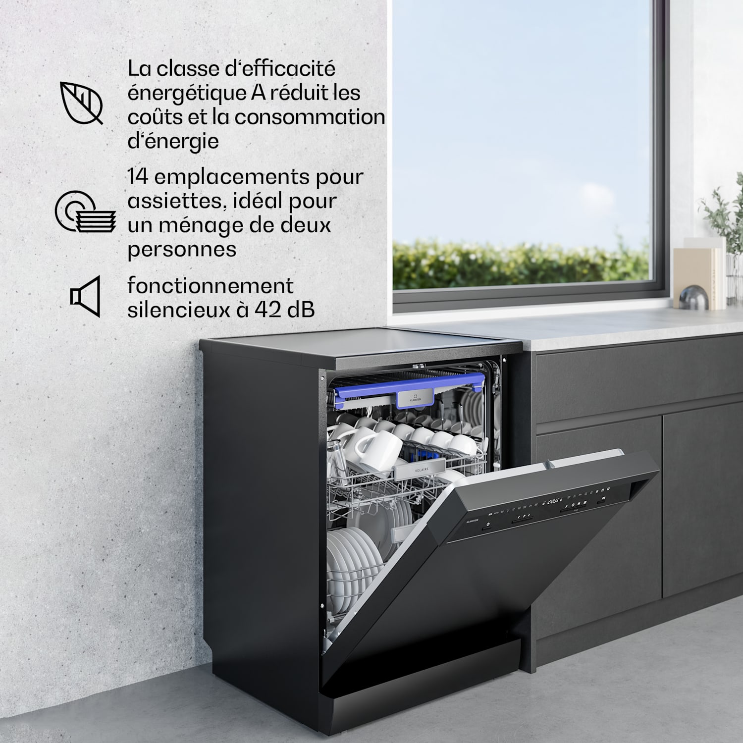 Velaire Lave-vaisselle indépendant | Minimaliste, élégant, puissant | CEE A | 60 cm pose libre / sur pied | 60 cm