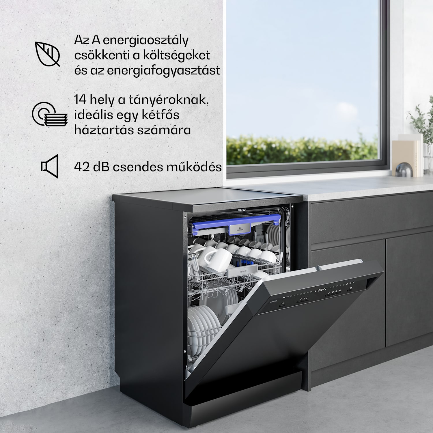 Velaire szabadon álló mosogatógép | Minimalista, elegáns, nagy teljesítményű | EEC A | 60 cm különálló | 60 cm