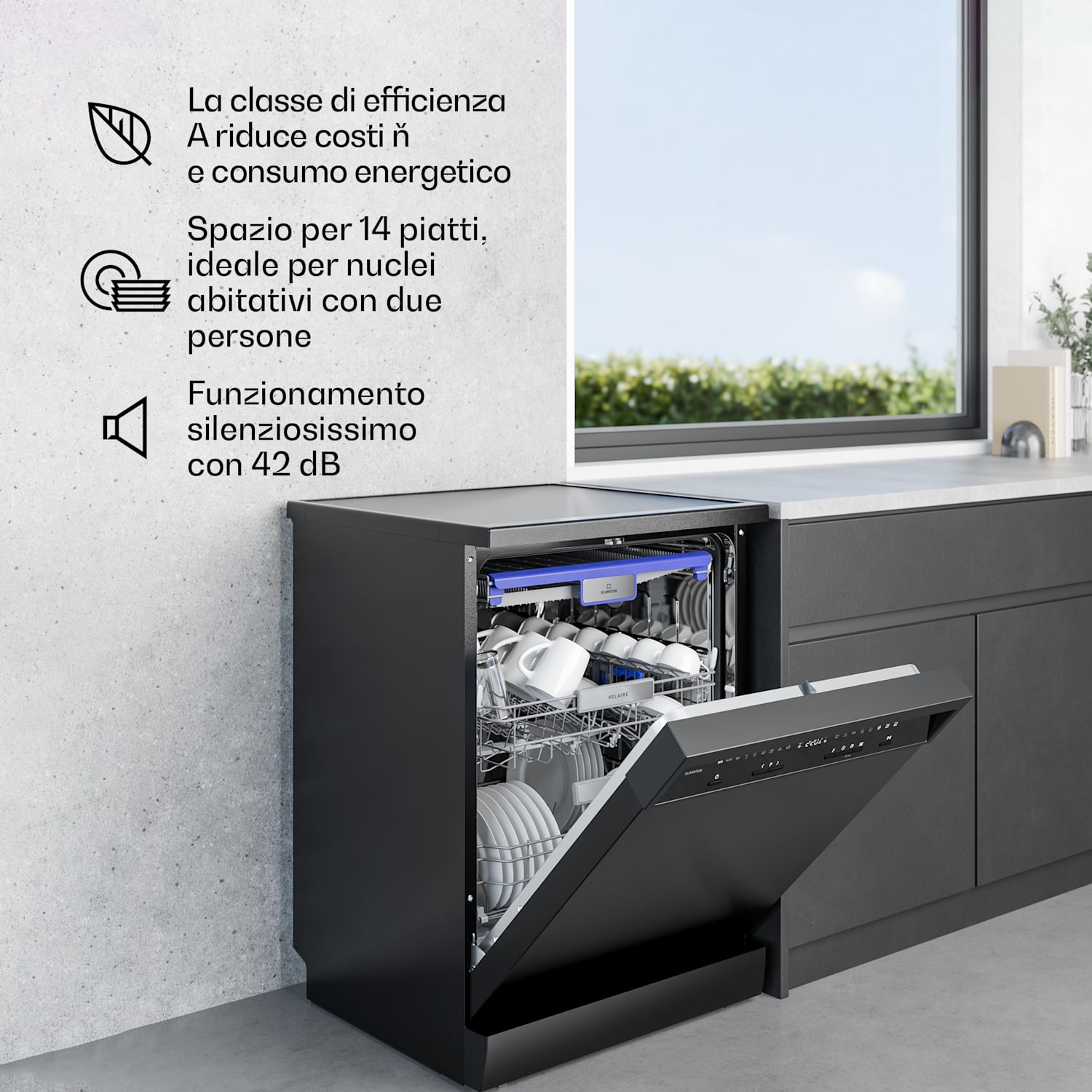 Velaire - Lavastoviglie Indipendente | Minimalista, Elegante, Potente | Classe energetica A | 60 cm Posizionamento libero | 60 cm