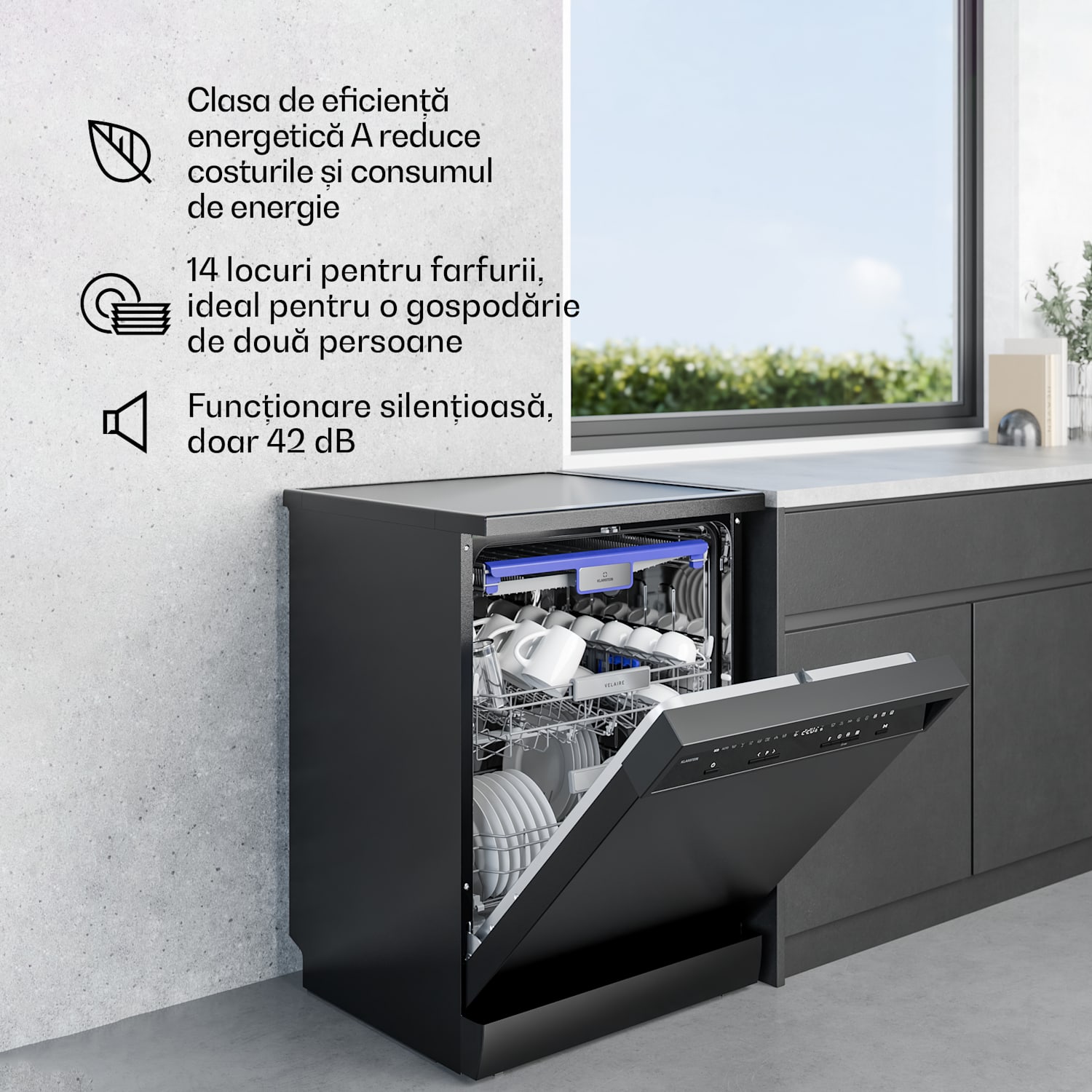 Velaire mașină de spălat vase independentă | Minimalistă, compactă, performantă | Clasa energetică A | 60 cm distinct | 60 cm